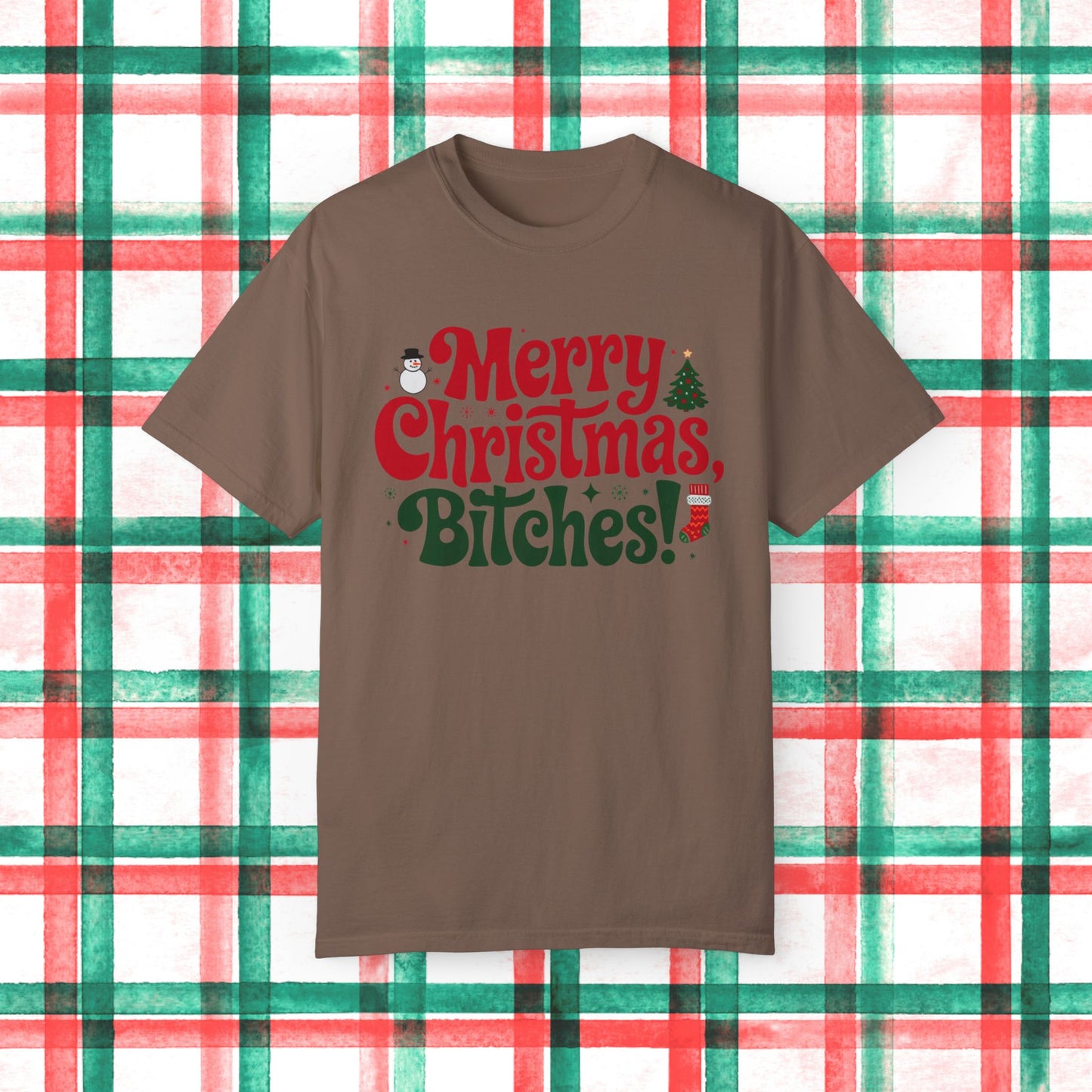 Merry Christmas Bitches Funny Holiday T-Shirt, Christmas Tree and Snowman Graphic Tee, Fun Xmas Shirt, Christmas Party Shirt