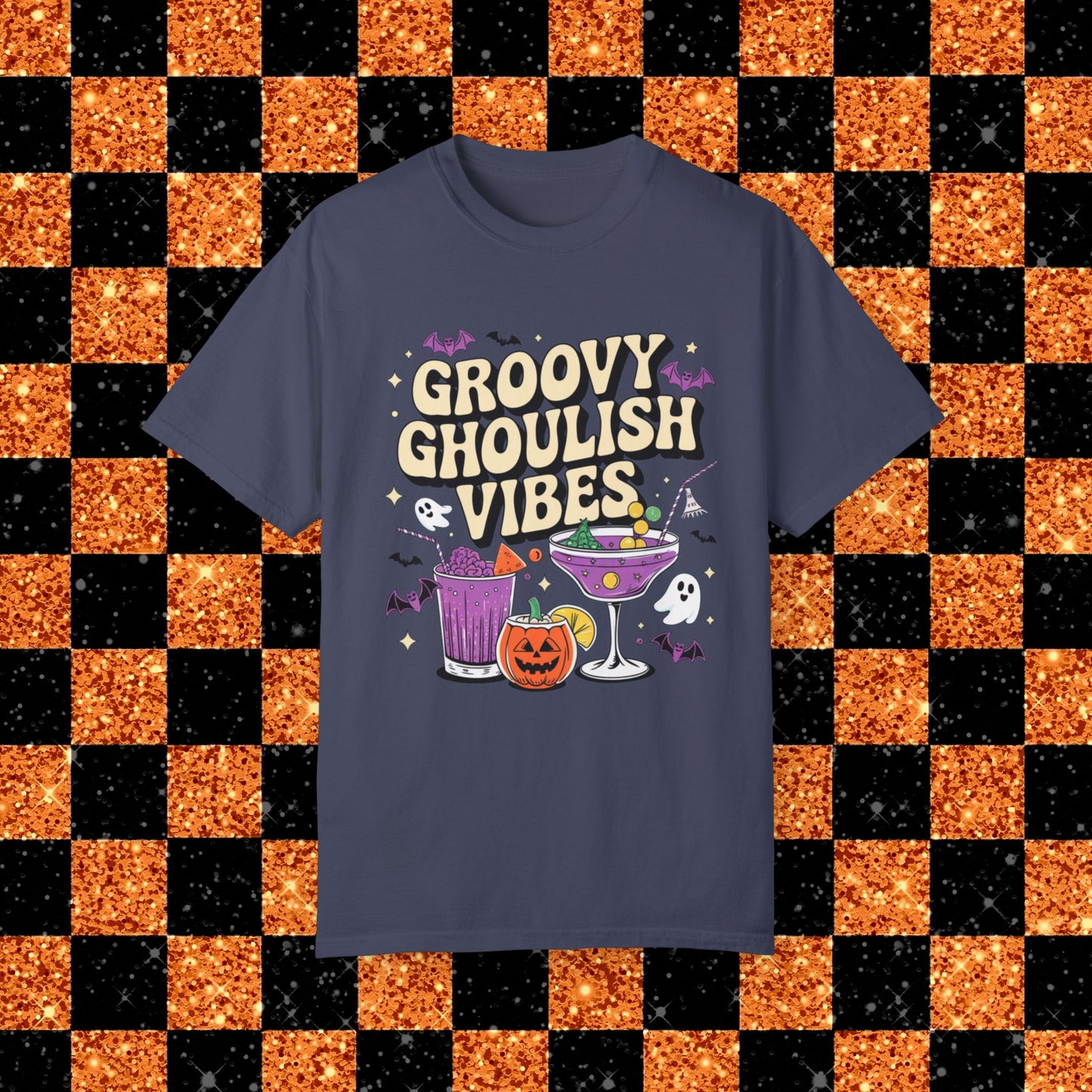 Groovy Ghoulish Vibes T-Shirt, Halloween Ghosts and Pumpkins Tee, Spooky Cocktail Party Shirt, Fun Halloween Graphic Tee