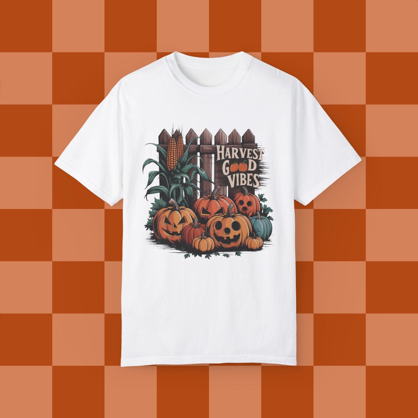 Harvest Good Vibes T-Shirt, Perfect Fall Pumpkin Design, Autumn Corn, Rustic Fence, Cozy Halloween Vibes, Seasonal Graphic Tee