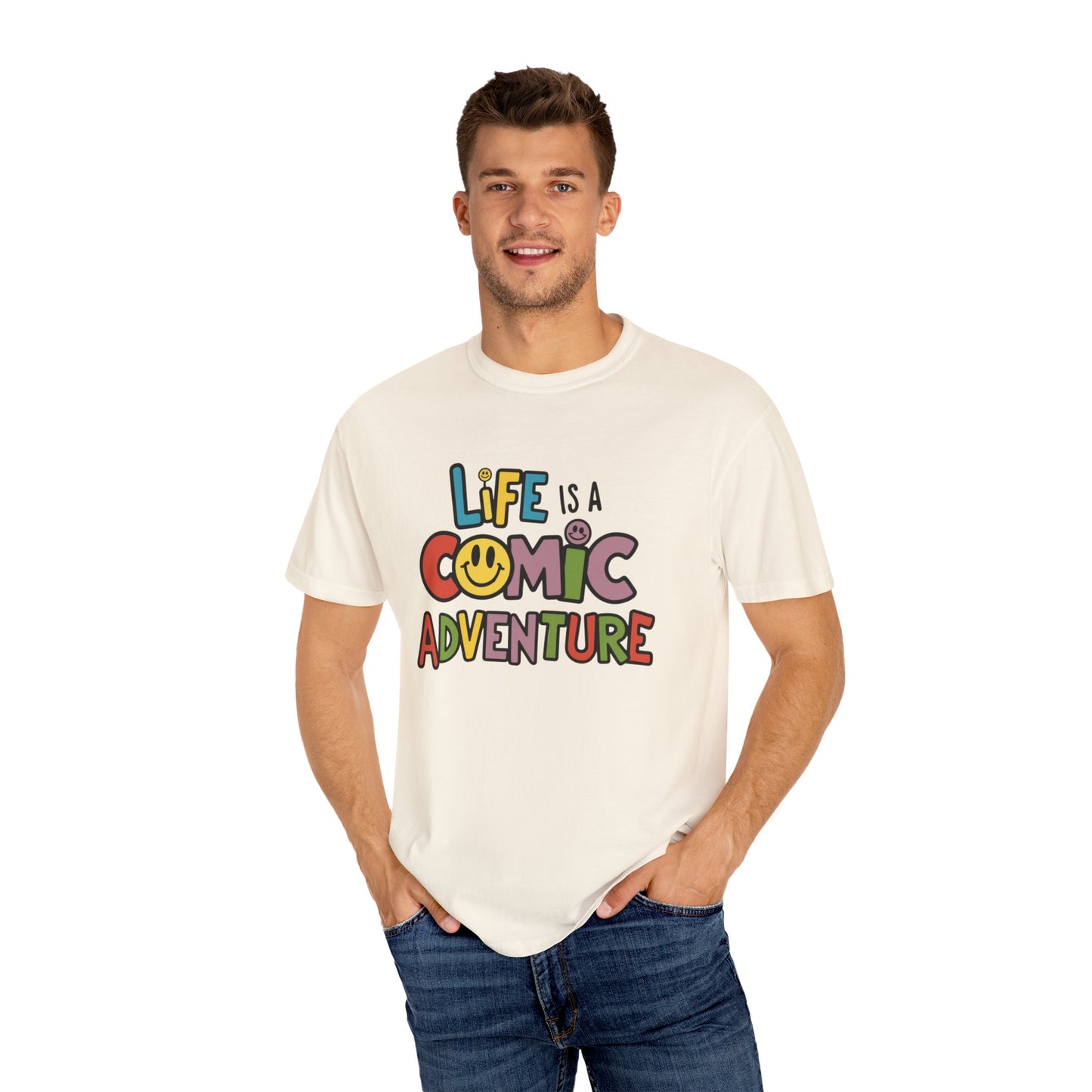 Life is a Comic Adventure T-Shirt, Fun Graphic Tee, Cute Smiley Face Shirt, Colorful Adventure T-Shirt, Positive Vibes T-Shirt