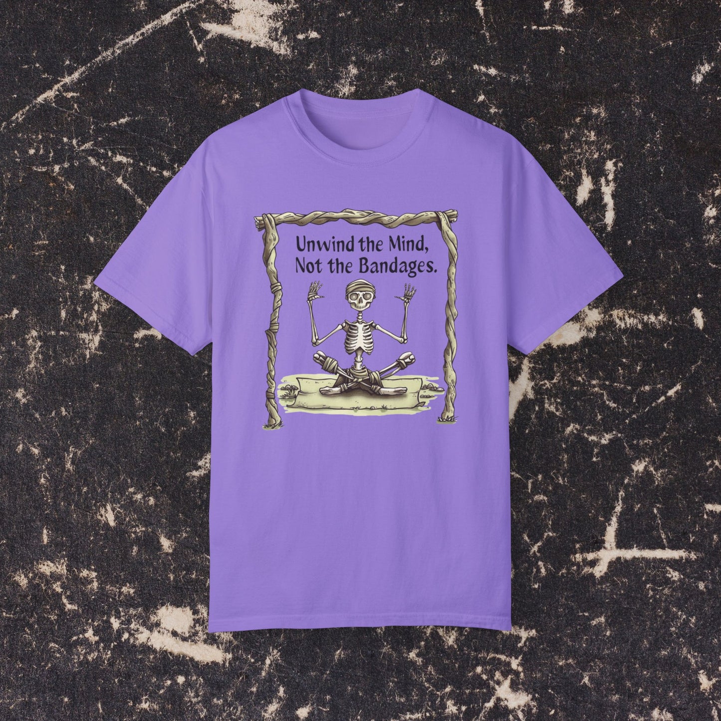 Yoga Skeleton Funny Quote T-Shirt, Unwind the Mind Not the Bandages Graphic Tee, Skeleton Meditation Shirt, Humorous Yoga Tee