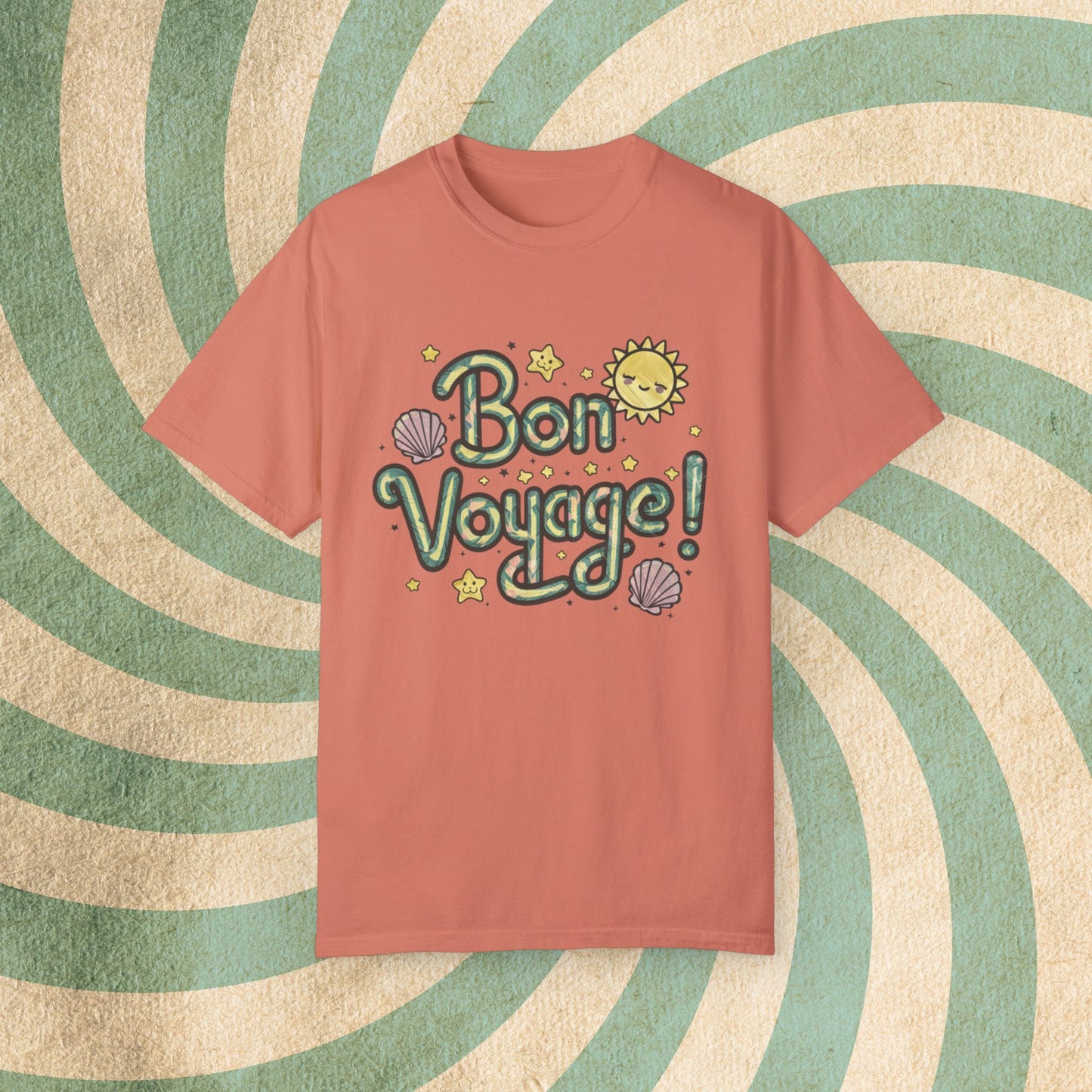 Bon Voyage T-Shirt, Cute Sun Design Tee, Shell and Star Shirt, Fun Travel Shirt, Charming Graphic Tee, Summer Adventure Top