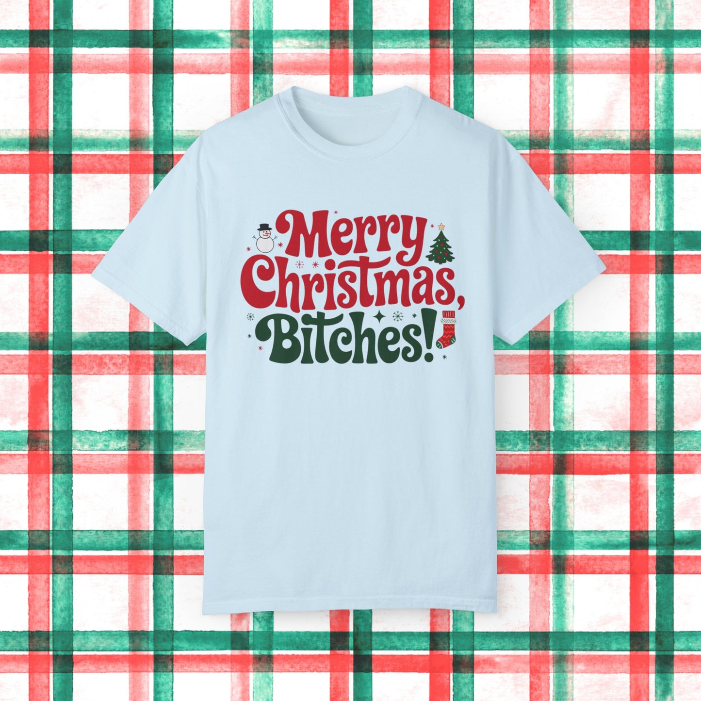 Merry Christmas Bitches Funny Holiday T-Shirt, Christmas Tree and Snowman Graphic Tee, Fun Xmas Shirt, Christmas Party Shirt