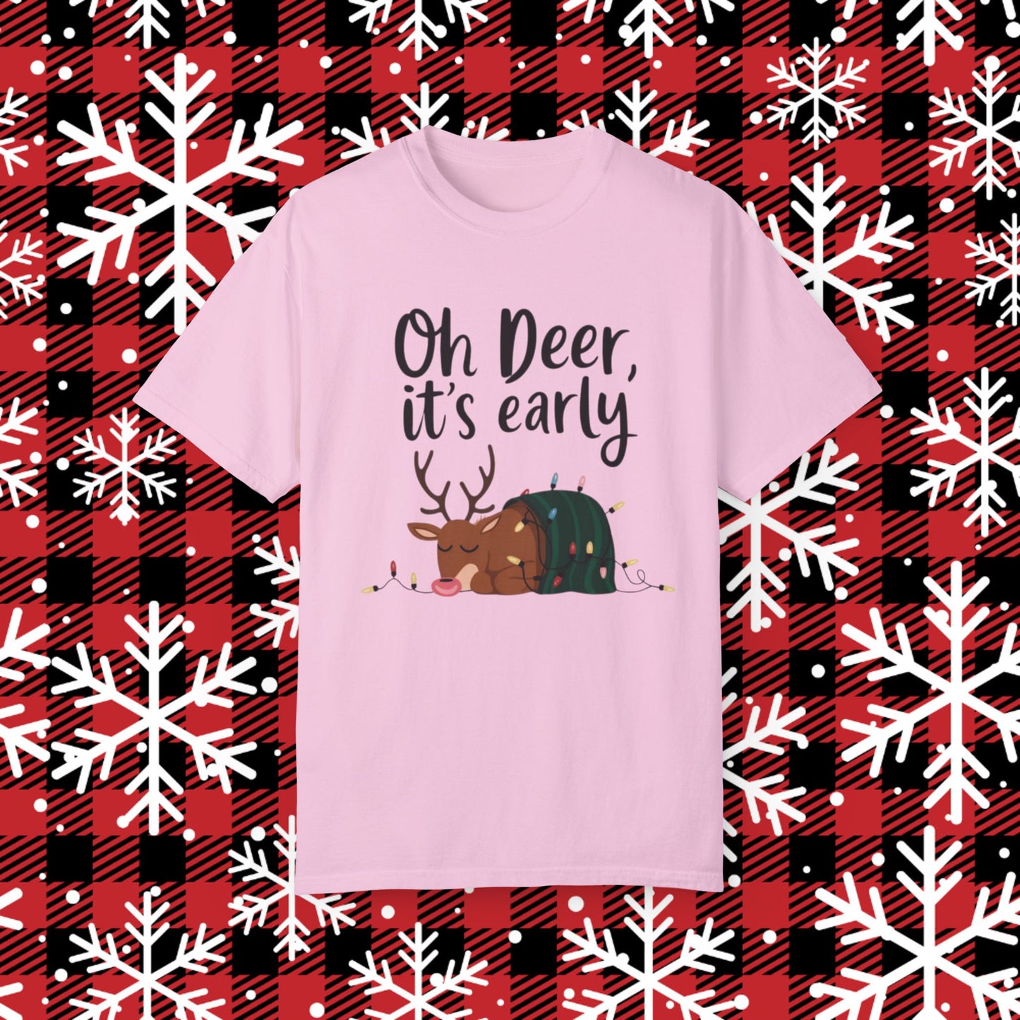 Oh Deer It's Early Christmas T-Shirt, Funny Reindeer Holiday Shirt, Cute Sleeping Deer Tee, Xmas Lights Graphic Tee, Gift for Friends