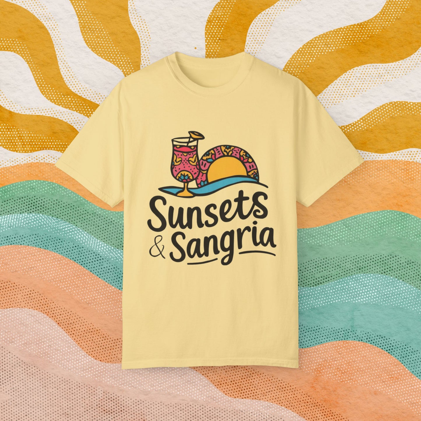 Sunsets and Sangria Graphic Tee, Fun Summer Beach Shirt, Vacation Vibes T-Shirt, Relaxed Fit Casual Top, Unique Gift Idea