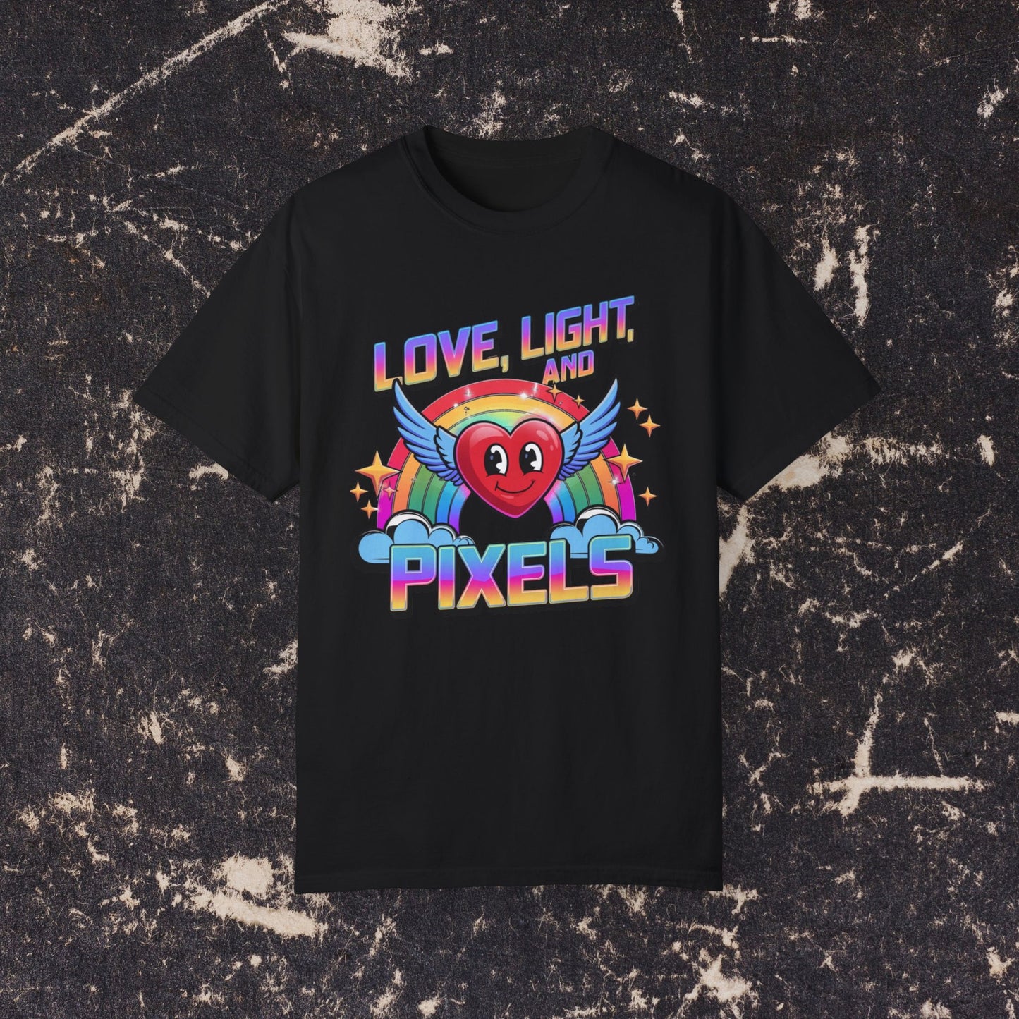 Love Light and Pixels T-Shirt, Retro Rainbow Heart Tee, Winged Heart Graphic Shirt, Positive Vibes Top, Cute Kawaii Nerd Shirt