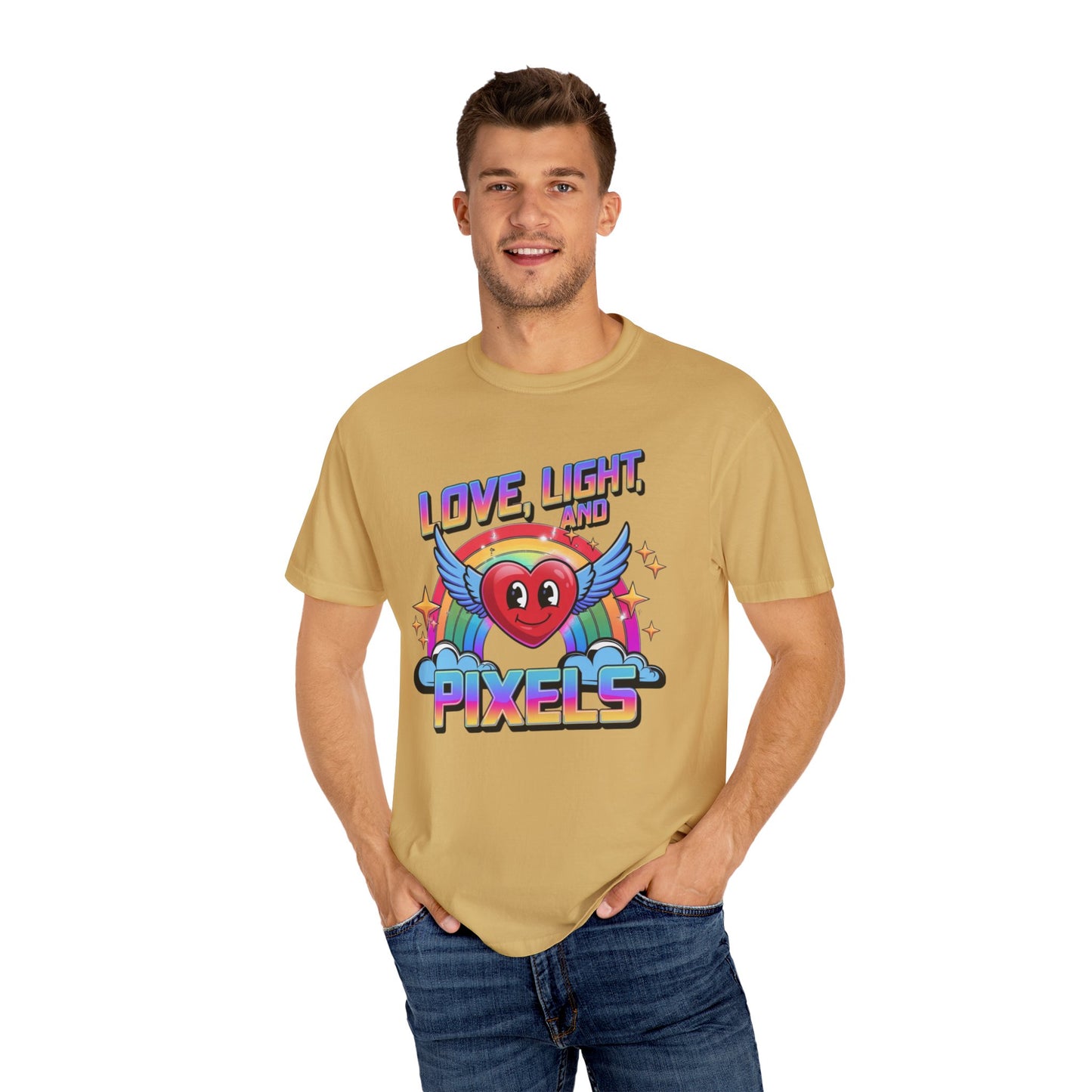 Love Light and Pixels T-Shirt, Retro Rainbow Heart Tee, Winged Heart Graphic Shirt, Positive Vibes Top, Cute Kawaii Nerd Shirt