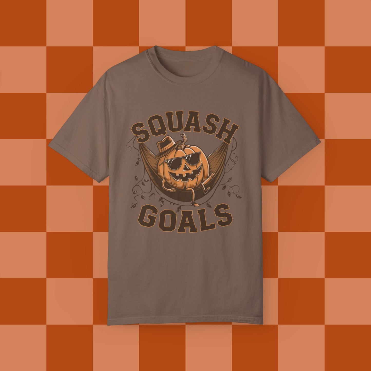 Funny Squash Goals Pumpkin T-Shirt, Halloween Humor Graphic Tee for Autumn, Cool Pumpkin with Sunglasses Shirt