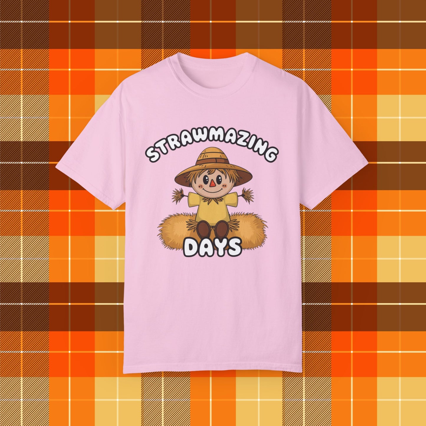 Cute Scarecrow Strawmazing Days Graphic Tee, Fun Fall Harvest T-shirt, Adorable Halloween Autumn Top, Farmer Theme Shirt