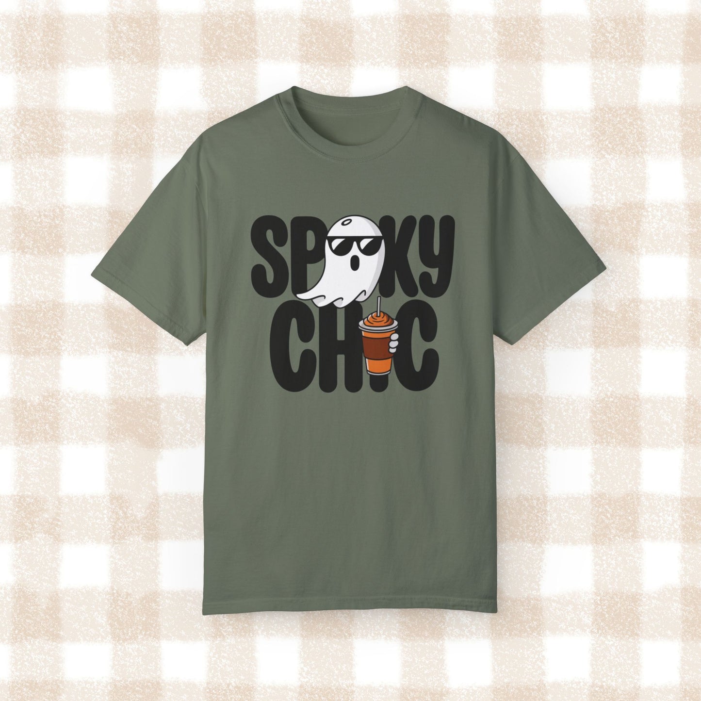 Spooky Chic Ghost Shirt with Sunglasses and Coffee Funny Halloween T-Shirt Cute Ghost Drinking Coffee Tee