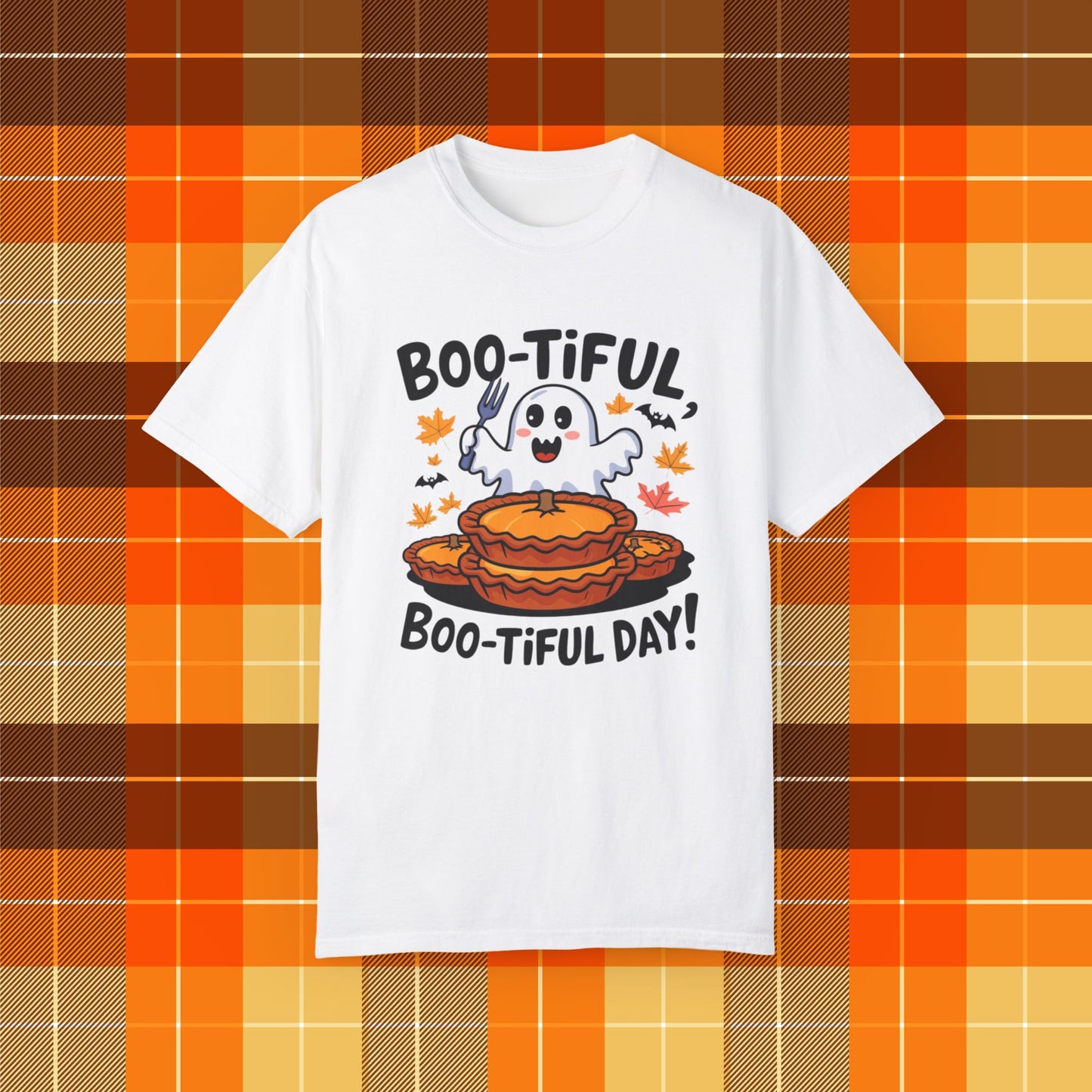 Boo-Tiful Day Ghost T-Shirt, Funny Halloween Tee, Cute Ghost and Pumpkin Pie Shirt, Autumn Graphic T-Shirt, Spooky Season Apparel