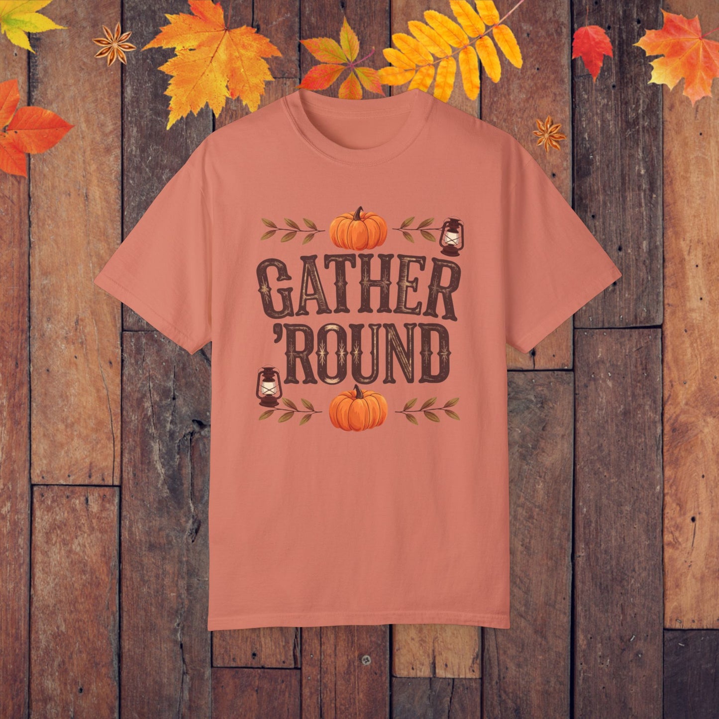 Gather Round Fall Themed T-Shirt, Pumpkin Lantern Design Tee, Autumn Season Shirt, Rustic Thanksgiving Shirt, Cozy Fall Apparel Gift