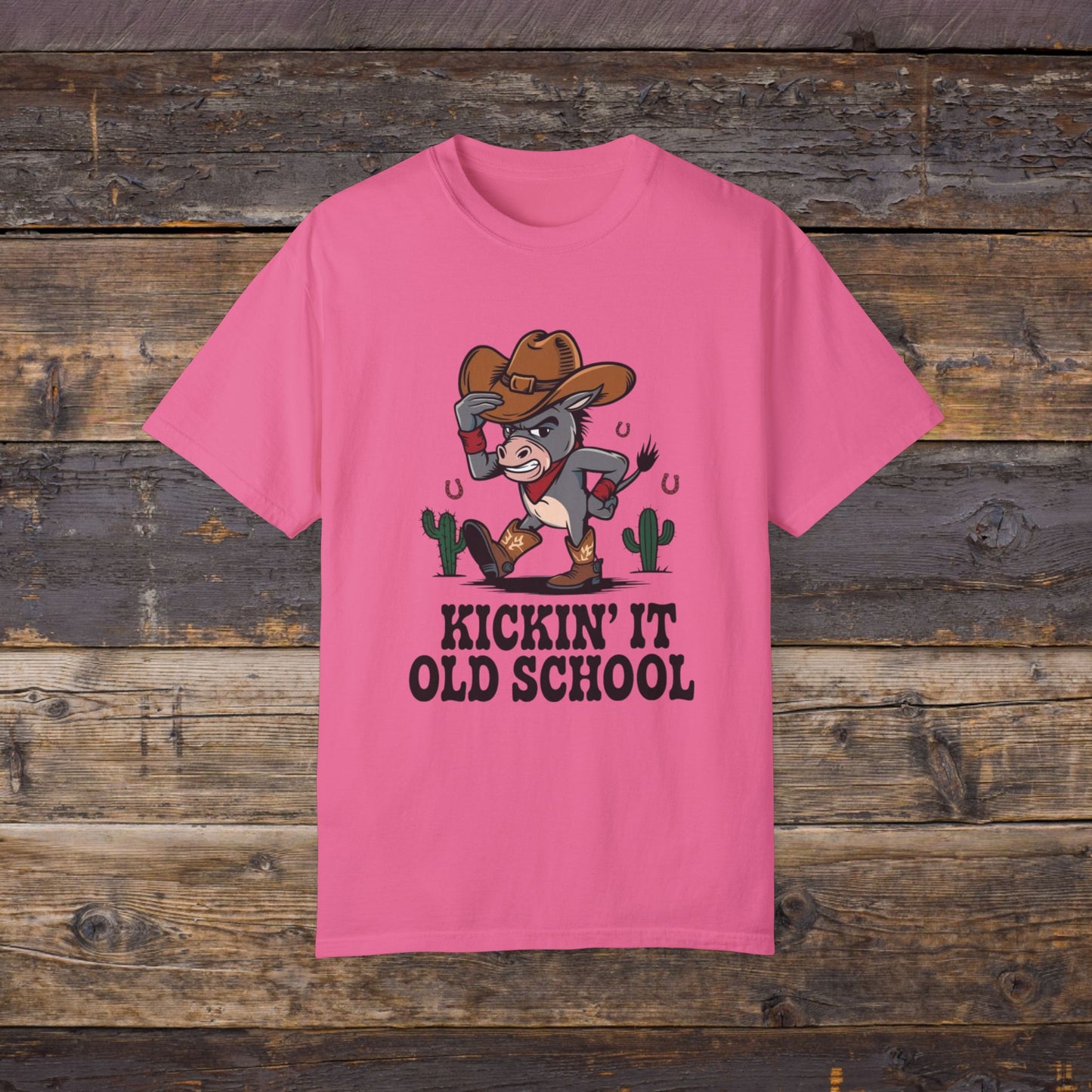 Funny Cowboy Donkey T-Shirt, Kickin' It Old School Graphic Tee, Western Novelty Shirt, Humorous Animal Design, Country Style T-Shirt