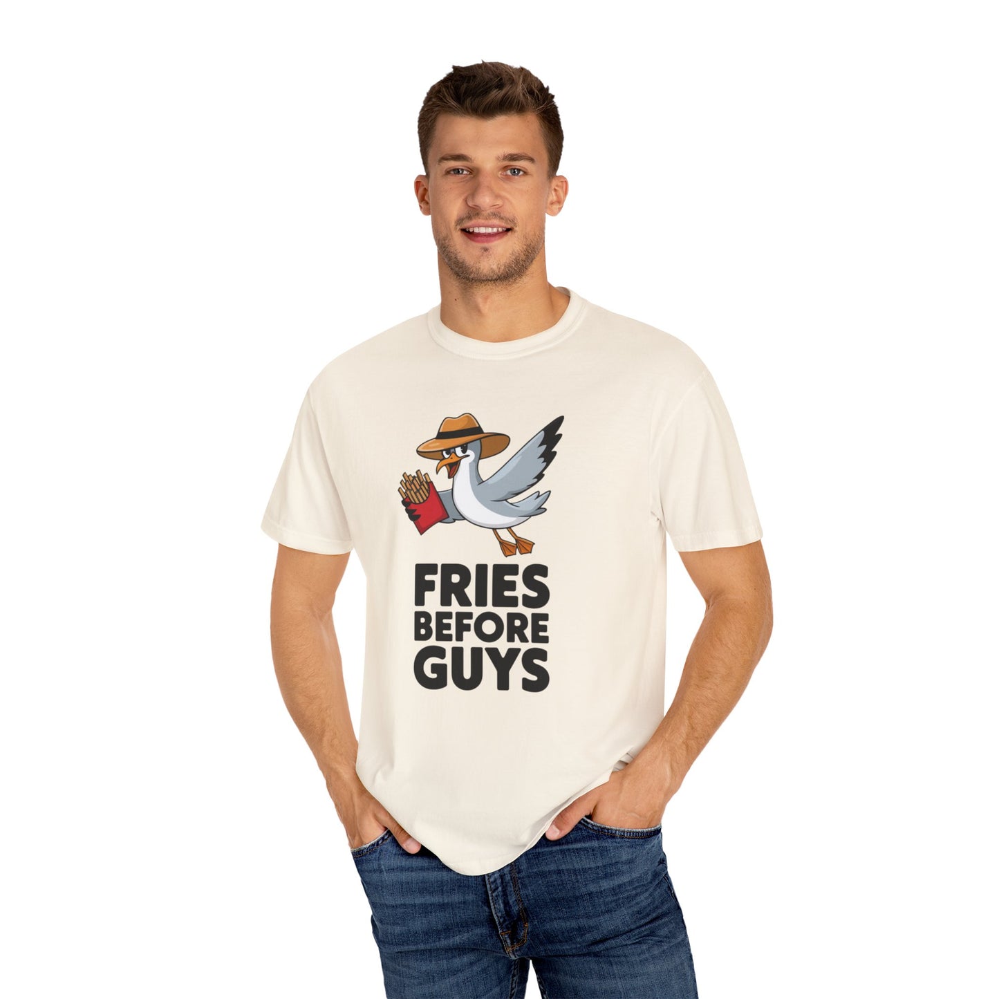 Funny Fries Before Guys Seagull T-Shirt, Humorous Casual Tee, Cute Seagull Graphic Shirt, Fries Lovers Gift, Fun Seagull Tee