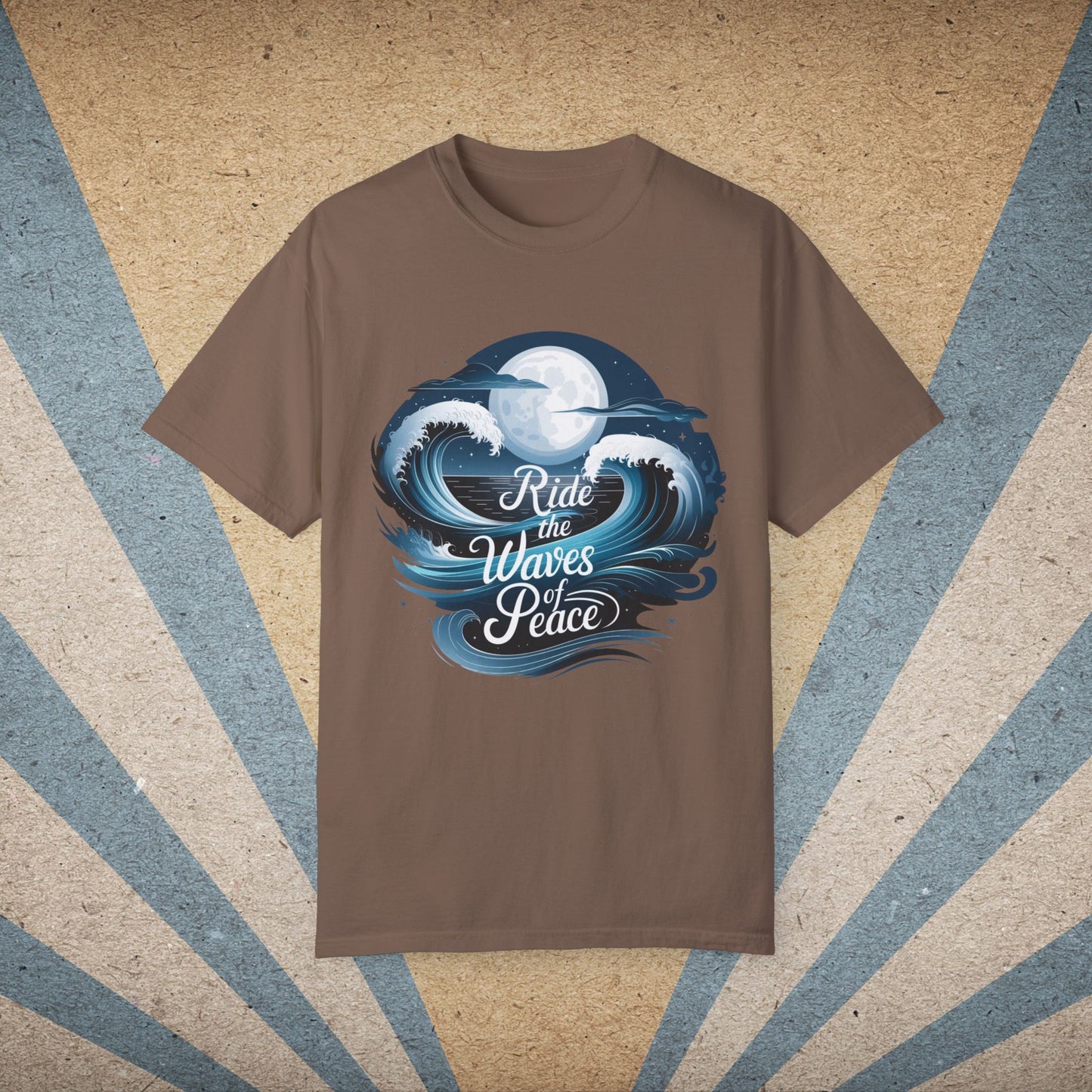 Ride the Waves of Peace Graphic T-Shirt, Surfing Ocean Moon Design Tee, Beach Lovers Shirt, Nautical Themed Apparel Top Garment-Dyed T-shirt