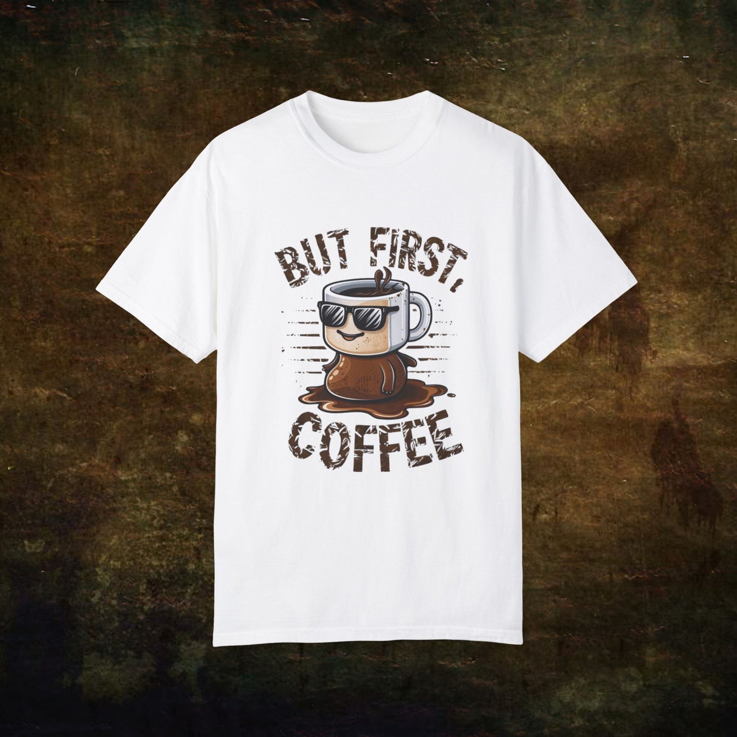 Title But First Coffee T-Shirt Funny Coffee Lover Graphic Tee Cool Coffee Mug Shirt Casual Coffee Shirt Gift for Caffeine Addicts