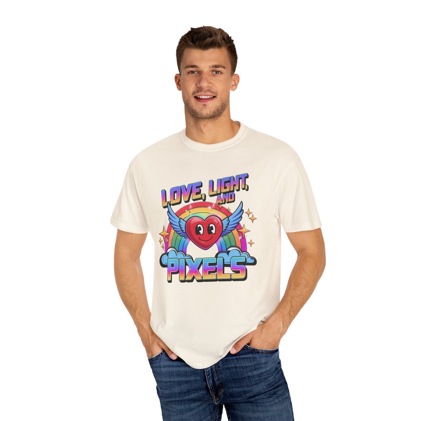 Love Light and Pixels T-Shirt, Retro Rainbow Heart Tee, Winged Heart Graphic Shirt, Positive Vibes Top, Cute Kawaii Nerd Shirt