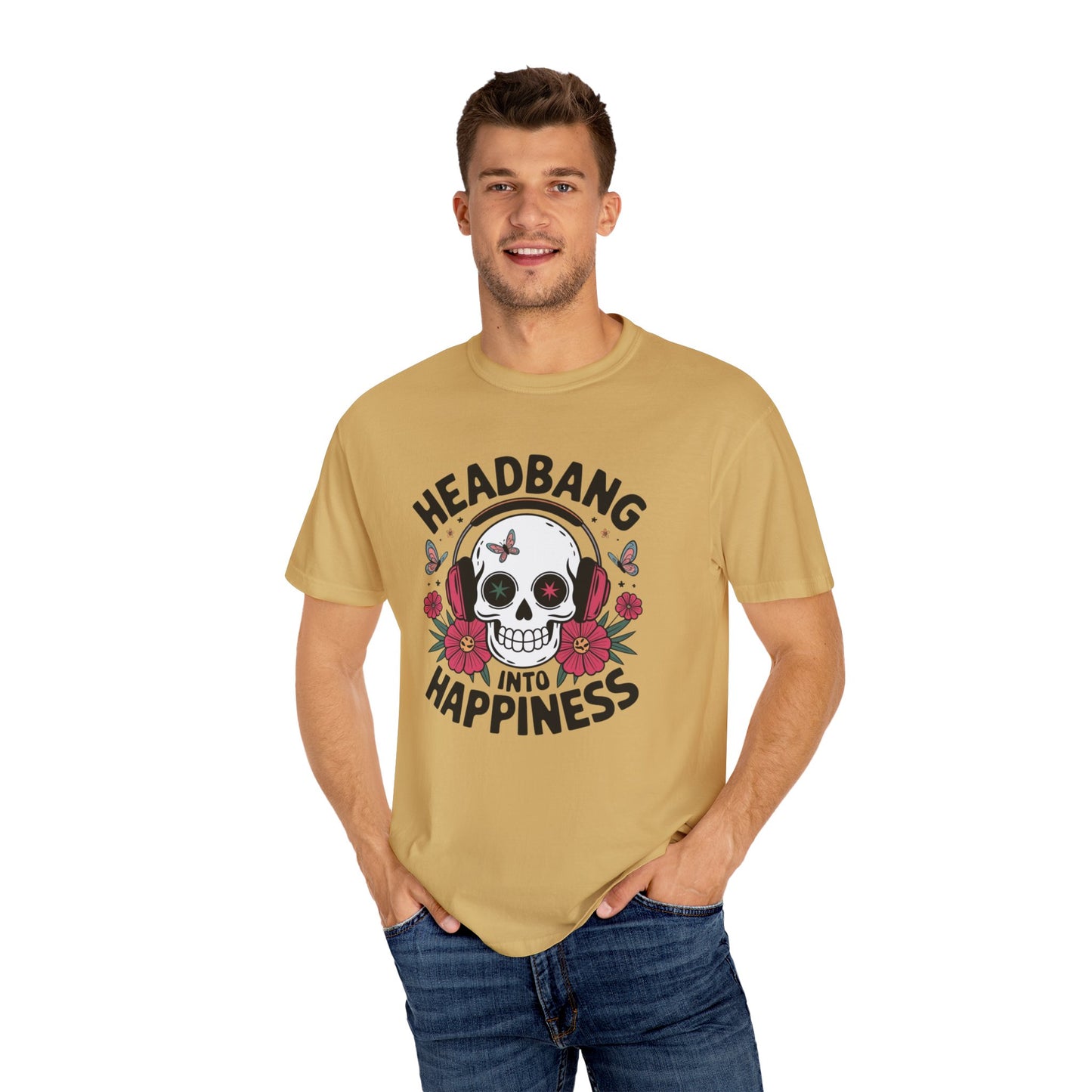 Rock Music Skull Headphones T Shirt, Headbang Into Happiness Graphic Tee, Skull and Flowers Music Lovers Shirt, Fun Music Band Tee