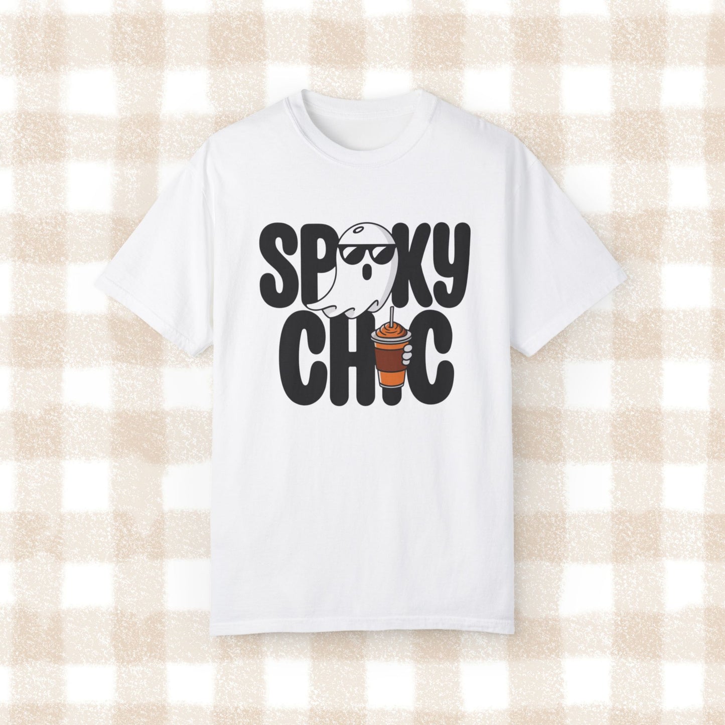 Spooky Chic Ghost Shirt with Sunglasses and Coffee Funny Halloween T-Shirt Cute Ghost Drinking Coffee Tee