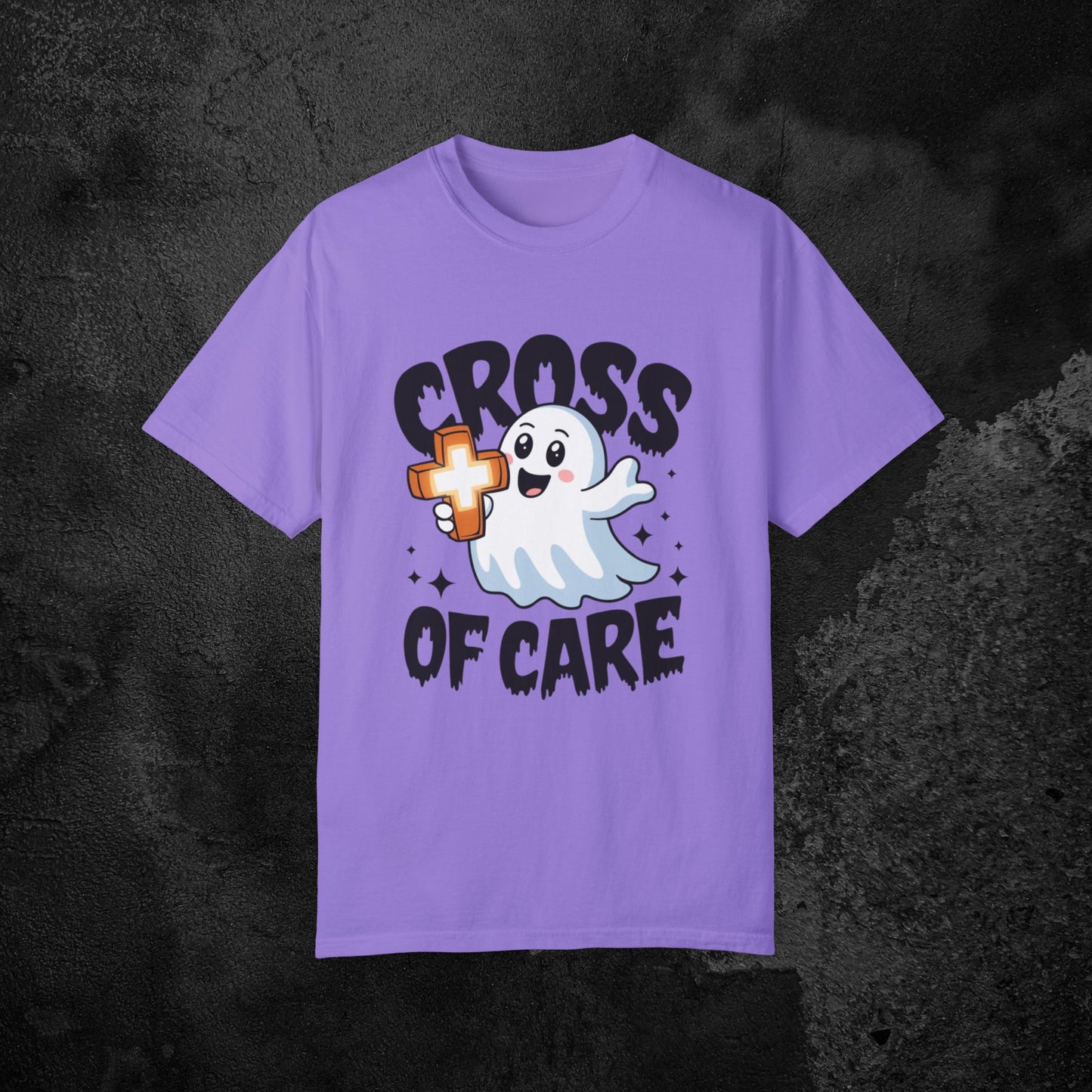 Cute Ghost Cross of Care T Shirt, Fun Halloween Graphic Tee, Perfect for Halloween Parties, Casual Wear, Gift Idea for Friends