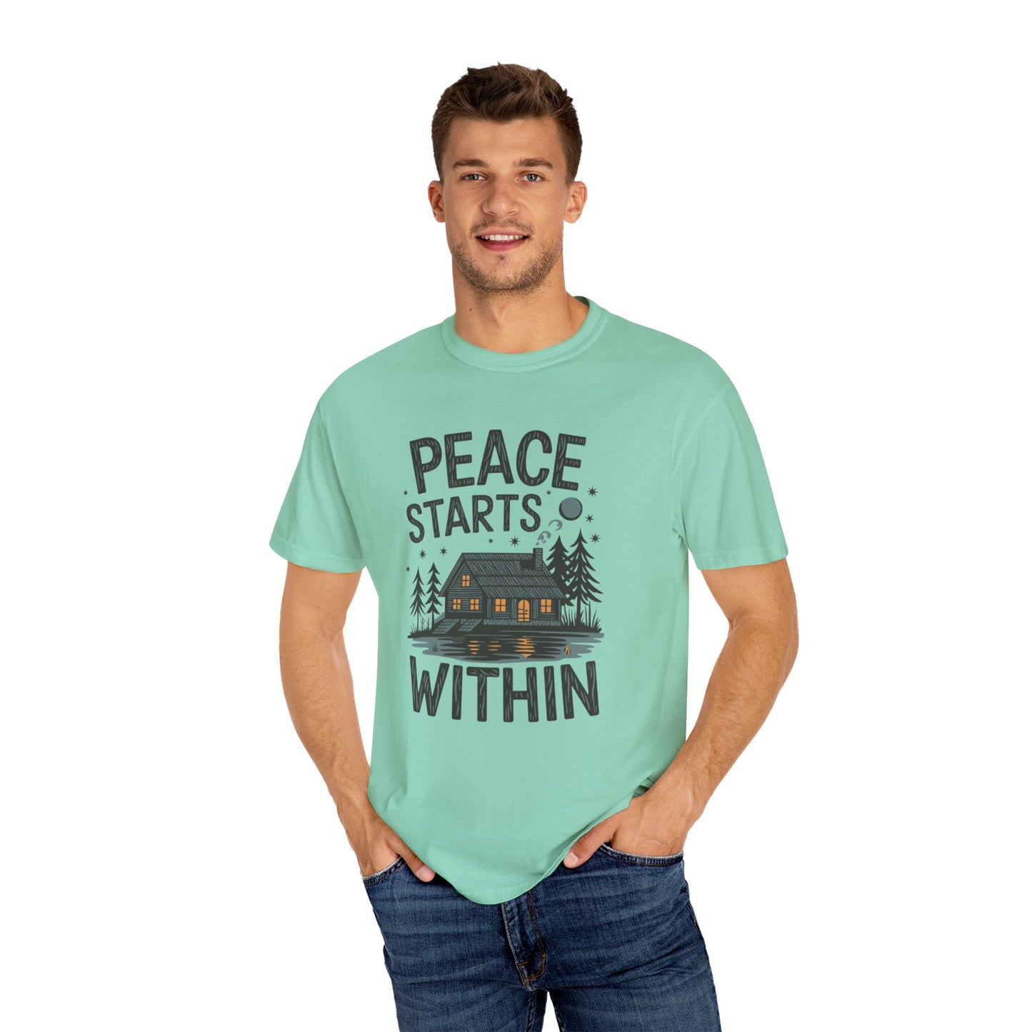 Peace Starts Within T Shirt, Cabin in Woods Graphic Tee, Cozy Cabin Shirt, Inspirational Quote T Shirt, Adventurous Outdoor Tee