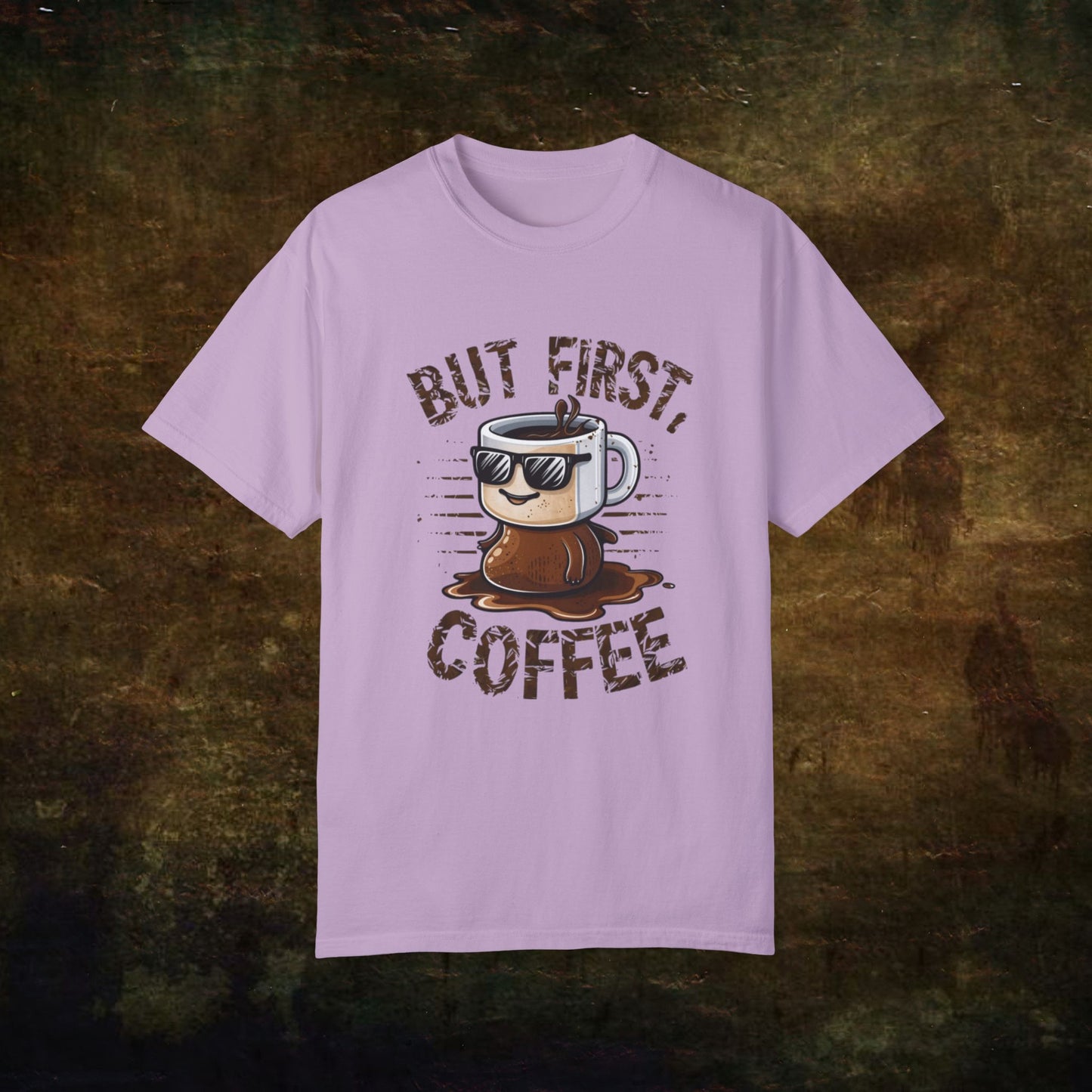 Title But First Coffee T-Shirt Funny Coffee Lover Graphic Tee Cool Coffee Mug Shirt Casual Coffee Shirt Gift for Caffeine Addicts