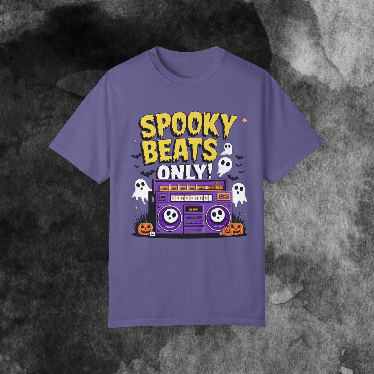 Spooky Beats Only T-Shirt, Halloween Graphic Tee, Retro Boombox Shirt, Ghosts and Pumpkins Design, Fun Holiday Apparel