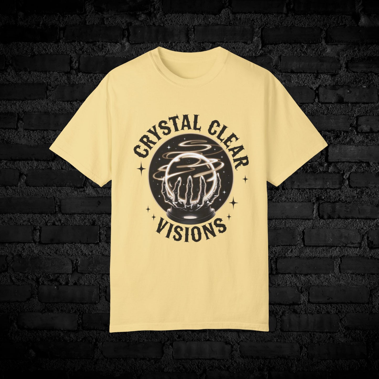 Crystal Clear Visions Unique Graphic Tee, Cosmic Hand Design T-Shirt, Trendy Unisex Shirt, Mystical Casual Wear, Fashionable Tee