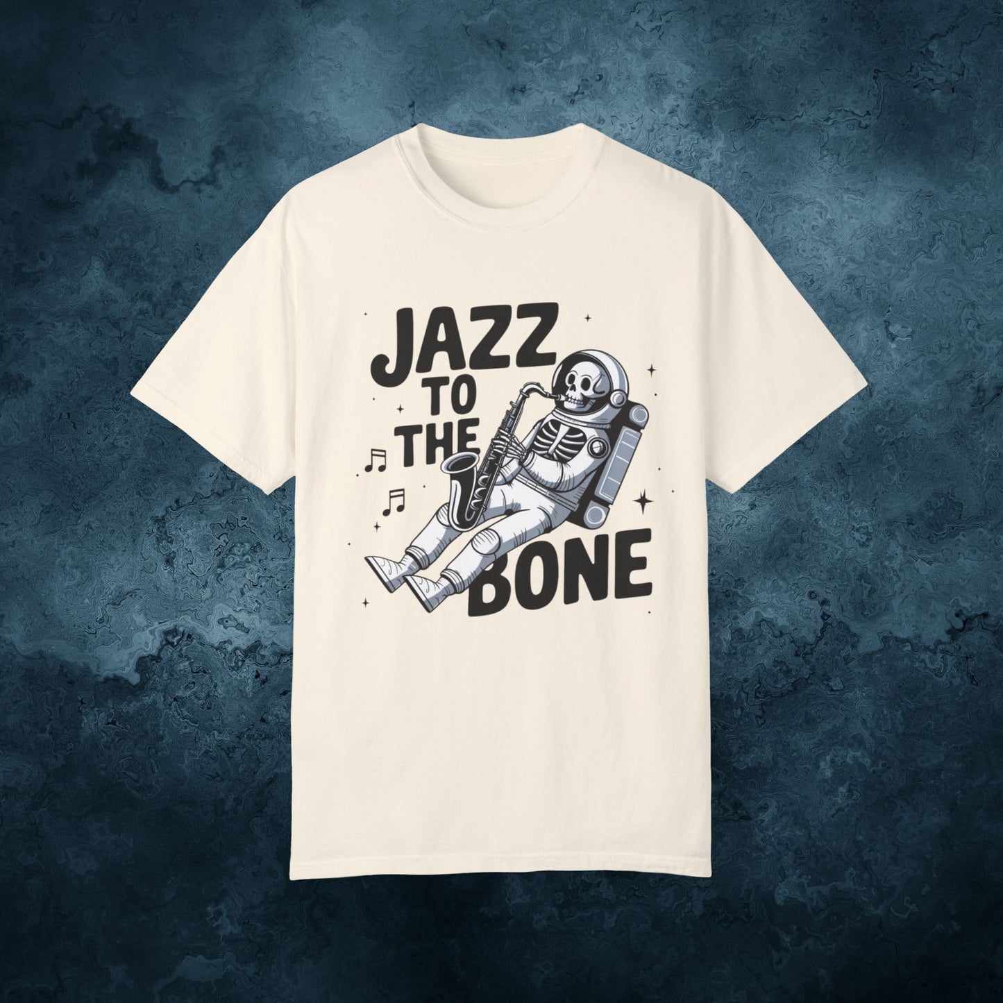 Skeleton Astronaut Playing Saxophone T-Shirt, Jazz Music Lover Tee, Space Theme Graphic Tee, Unique Artistic T-Shirt Gift