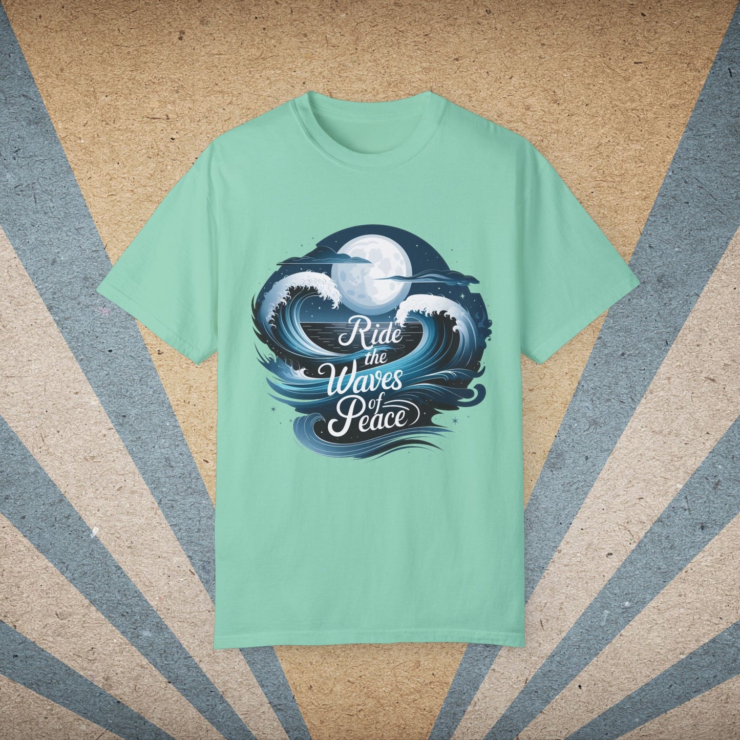 Ride the Waves of Peace Graphic T-Shirt, Surfing Ocean Moon Design Tee, Beach Lovers Shirt, Nautical Themed Apparel Top Garment-Dyed T-shirt