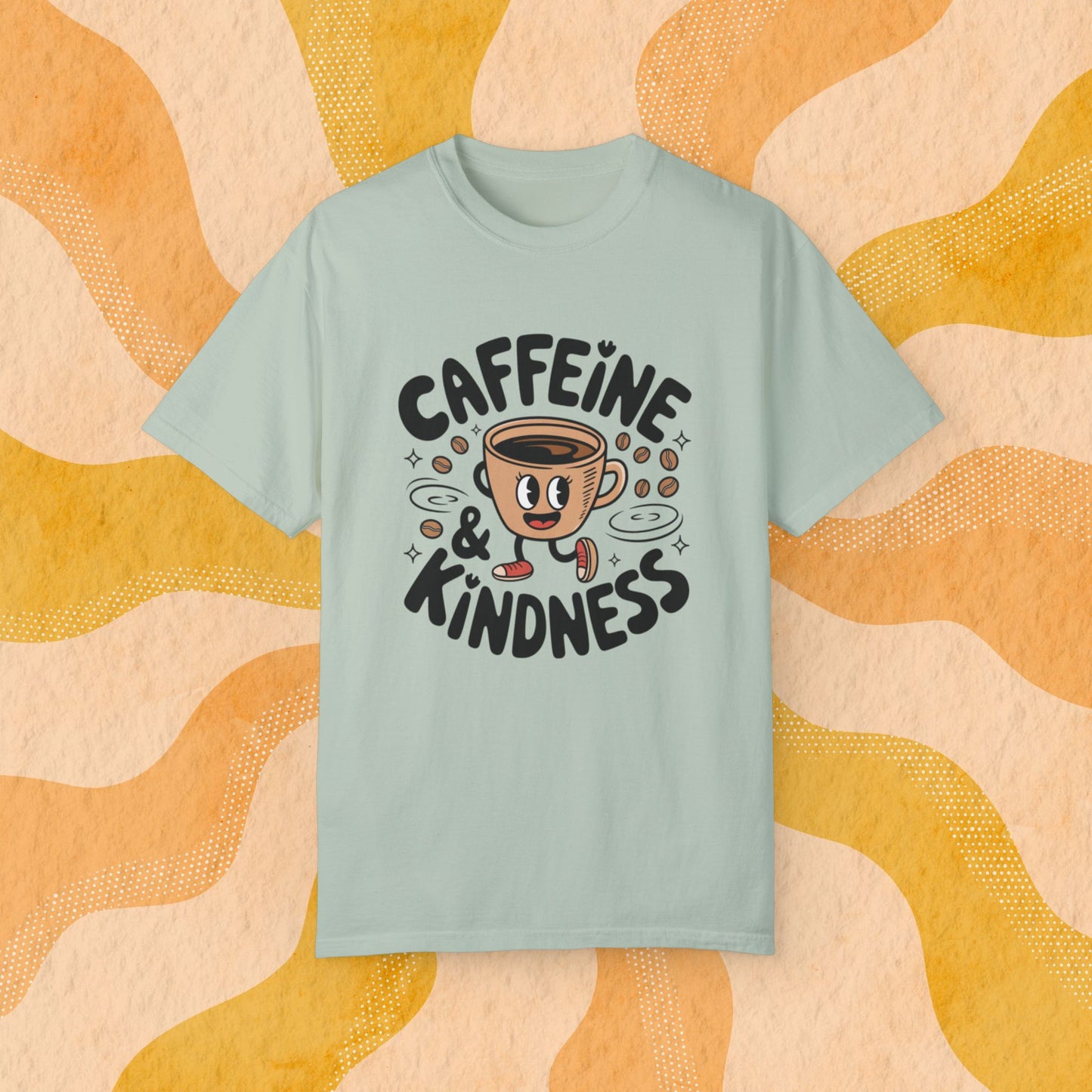 Coffee Lover T-Shirt, Caffeine and Kindness Shirt, Funny Coffee Graphic Tee, Cute Coffee Cup Illustration, Coffee Enthusiast Gift