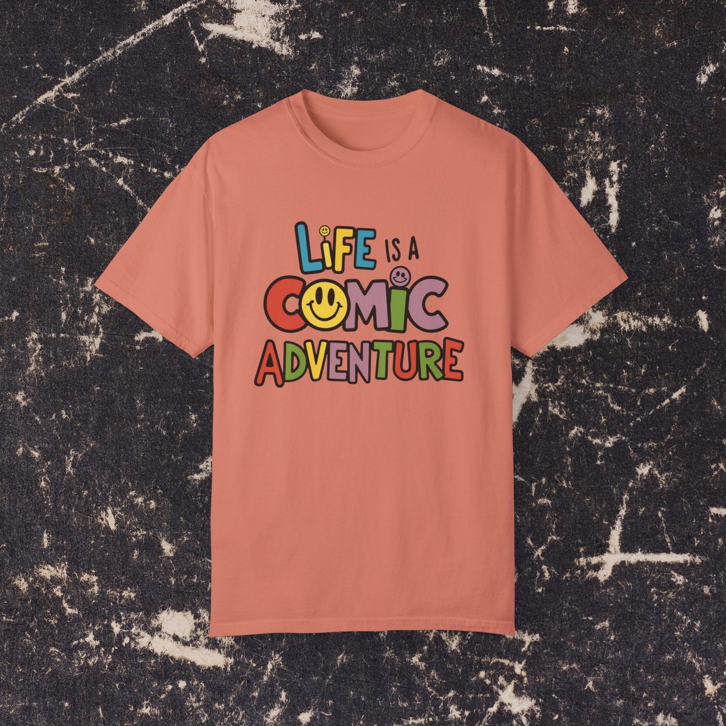 Life is a Comic Adventure T-Shirt, Fun Graphic Tee, Cute Smiley Face Shirt, Colorful Adventure T-Shirt, Positive Vibes T-Shirt