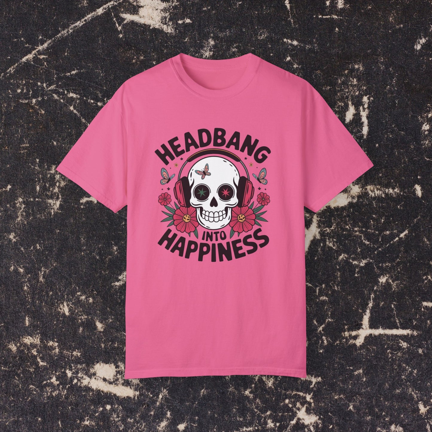 Rock Music Skull Headphones T Shirt, Headbang Into Happiness Graphic Tee, Skull and Flowers Music Lovers Shirt, Fun Music Band Tee