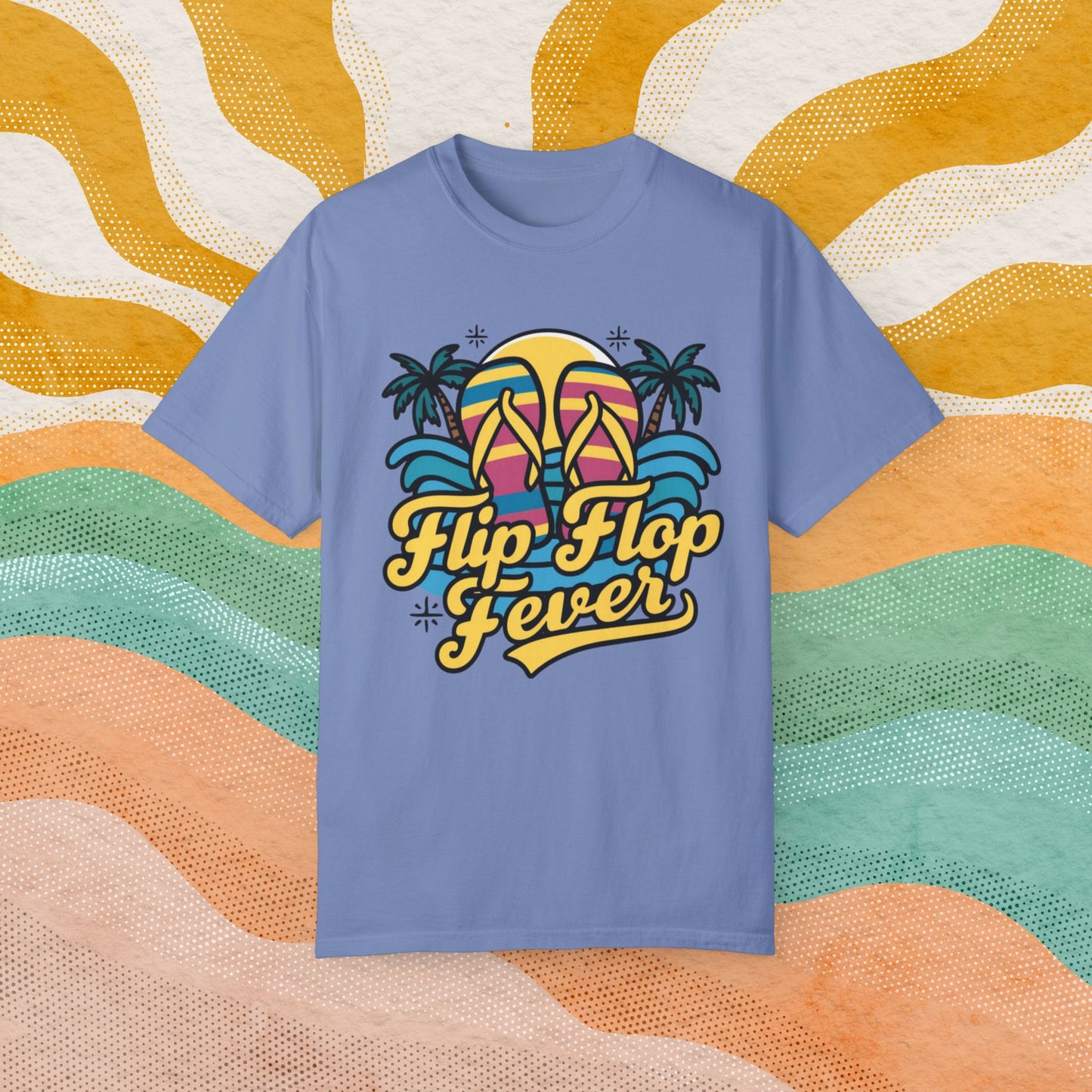 Retro Flip Flop Fever T-Shirt, Summer Vibes Beach Lovers Tee, Fun Tropical Vacation Shirt, Casual Graphic Print Top