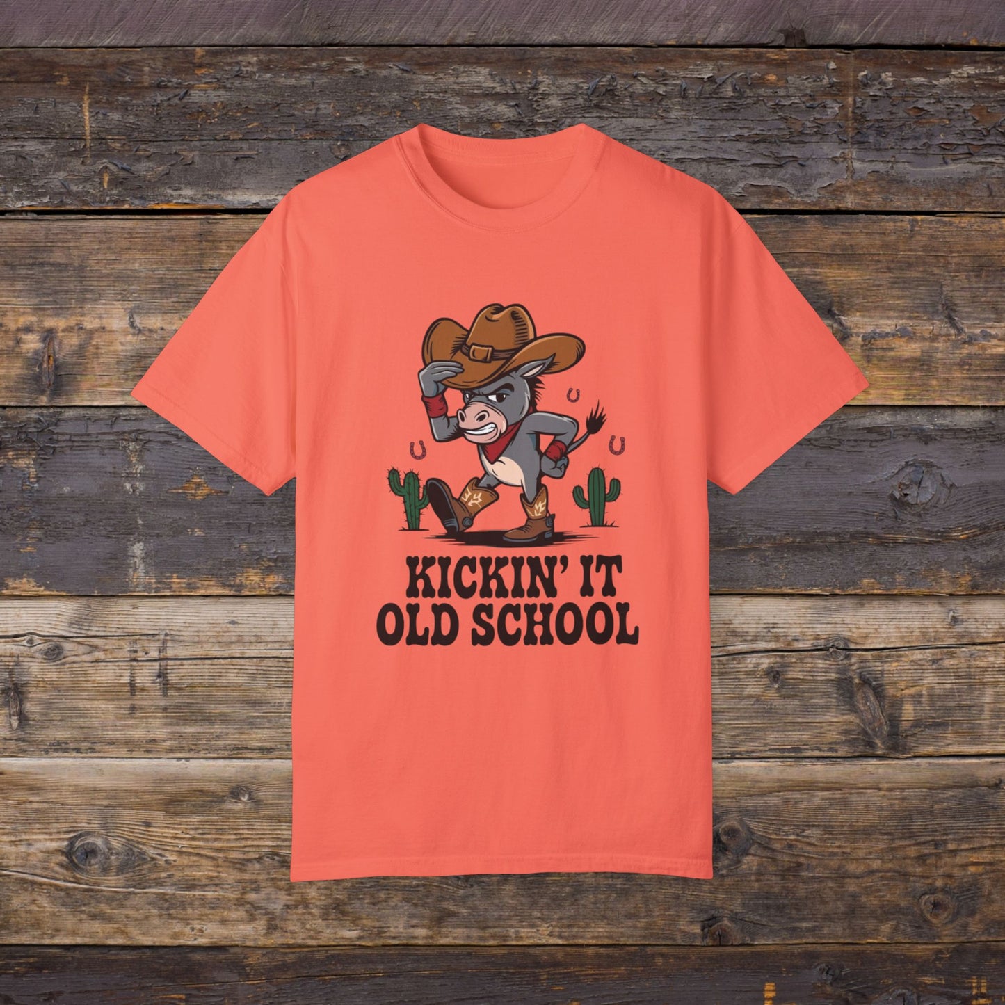 Funny Cowboy Donkey T-Shirt, Kickin' It Old School Graphic Tee, Western Novelty Shirt, Humorous Animal Design, Country Style T-Shirt