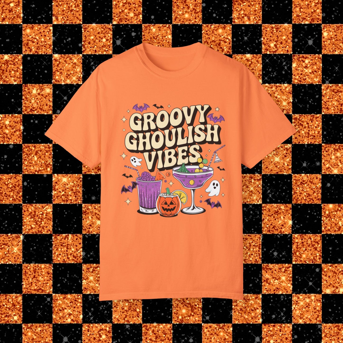 Groovy Ghoulish Vibes T-Shirt, Halloween Ghosts and Pumpkins Tee, Spooky Cocktail Party Shirt, Fun Halloween Graphic Tee