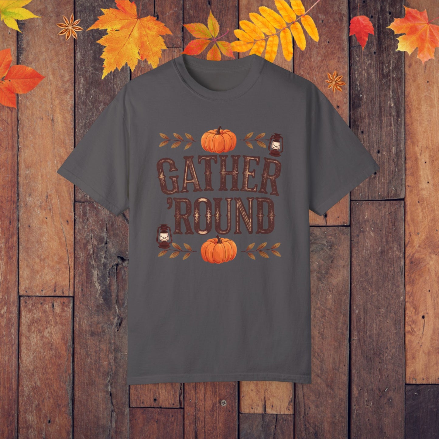 Gather Round Fall Themed T-Shirt, Pumpkin Lantern Design Tee, Autumn Season Shirt, Rustic Thanksgiving Shirt, Cozy Fall Apparel Gift