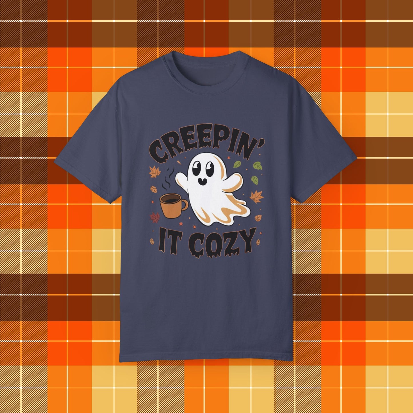 Creepin it cozy ghost coffee T-shirt, Funny Halloween fall leaves shirt, Spooky season graphic tee, Autumn cozy vibes top