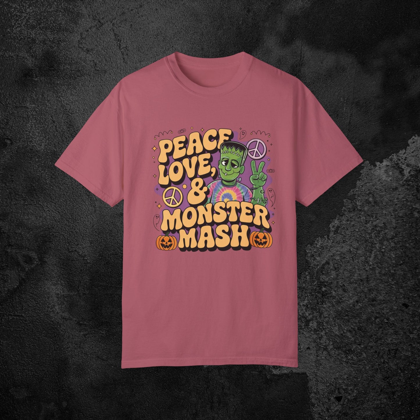 Peace Love and Monster Mash T-Shirt Funny Halloween Shirt Retro Horror Tee Perfect Halloween Gift Short Sleeve Top