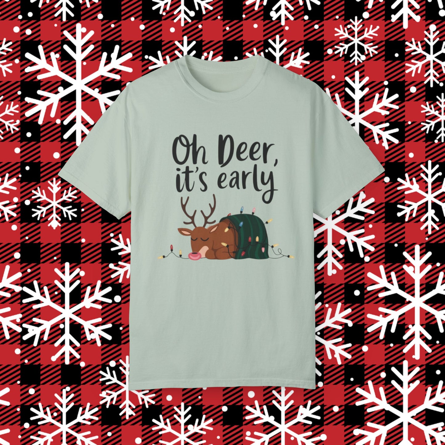 Oh Deer It's Early Christmas T-Shirt, Funny Reindeer Holiday Shirt, Cute Sleeping Deer Tee, Xmas Lights Graphic Tee, Gift for Friends