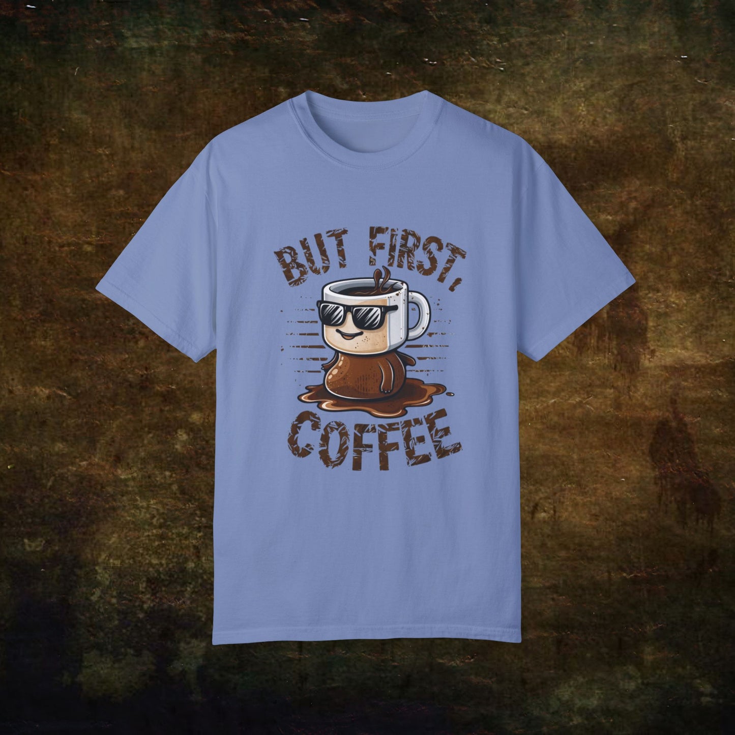 Title But First Coffee T-Shirt Funny Coffee Lover Graphic Tee Cool Coffee Mug Shirt Casual Coffee Shirt Gift for Caffeine Addicts