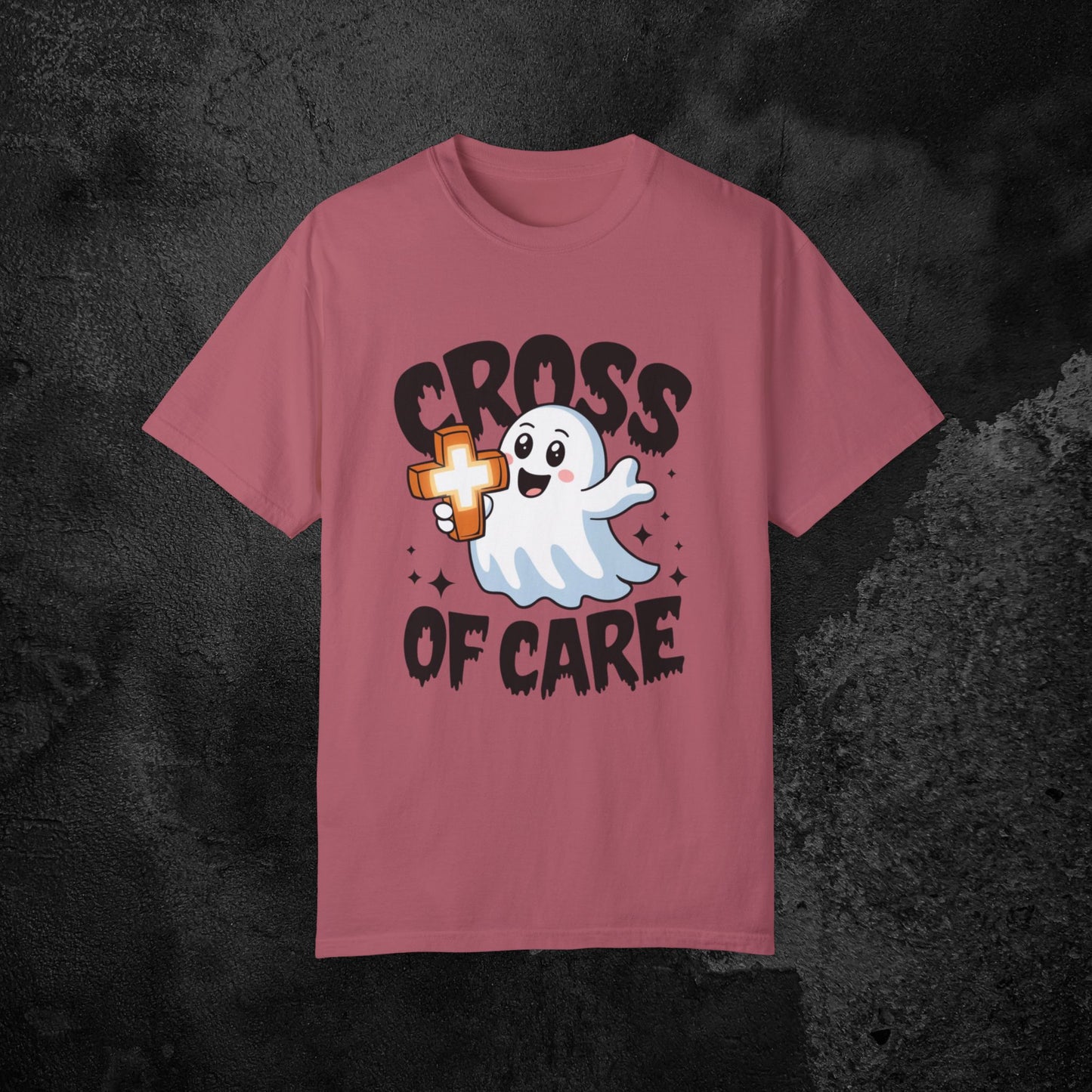 Cute Ghost Cross of Care T Shirt, Fun Halloween Graphic Tee, Perfect for Halloween Parties, Casual Wear, Gift Idea for Friends