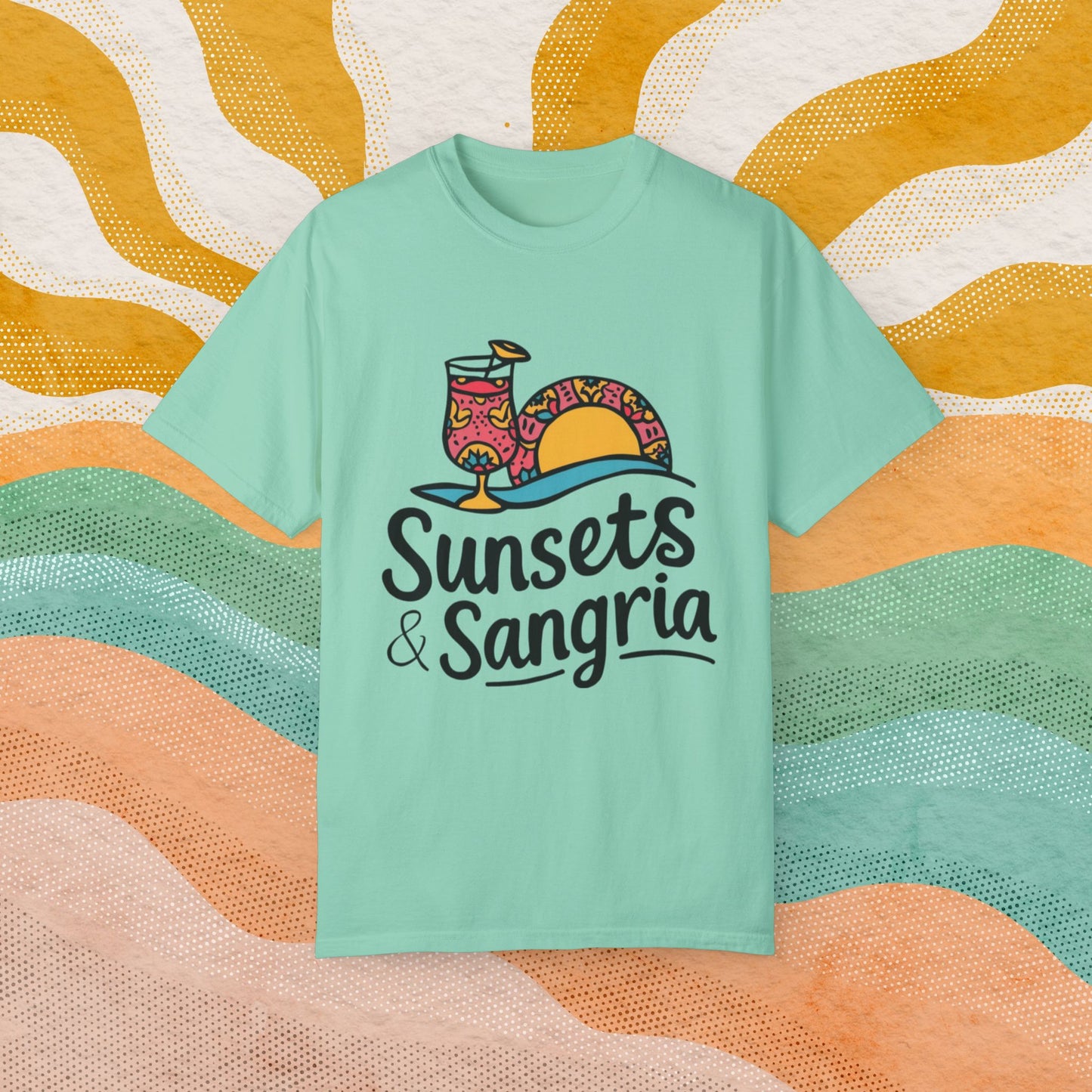 Sunsets and Sangria Graphic Tee, Fun Summer Beach Shirt, Vacation Vibes T-Shirt, Relaxed Fit Casual Top, Unique Gift Idea