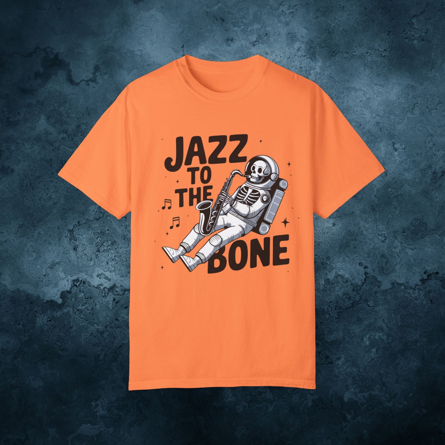 Skeleton Astronaut Playing Saxophone T-Shirt, Jazz Music Lover Tee, Space Theme Graphic Tee, Unique Artistic T-Shirt Gift