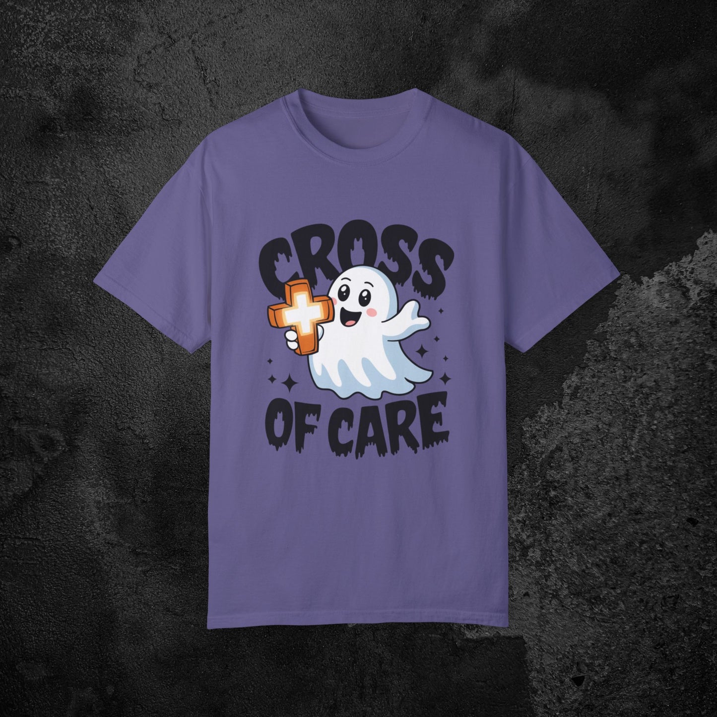 Cute Ghost Cross of Care T Shirt, Fun Halloween Graphic Tee, Perfect for Halloween Parties, Casual Wear, Gift Idea for Friends