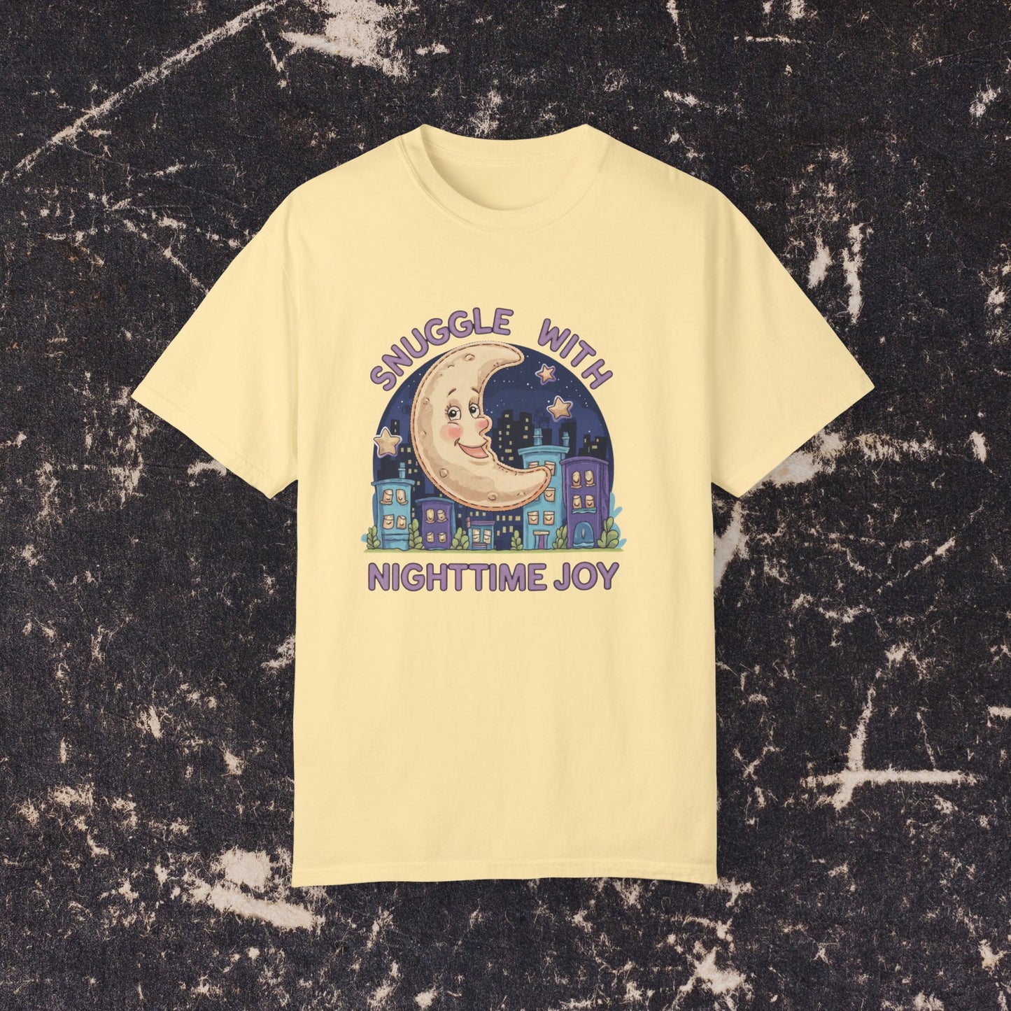 Snuggle with Nighttime Joy Cute Moon Cityscape Graphic Tee Cozy Urban Night Sky Shirt Fun Sleepy Time T-shirt