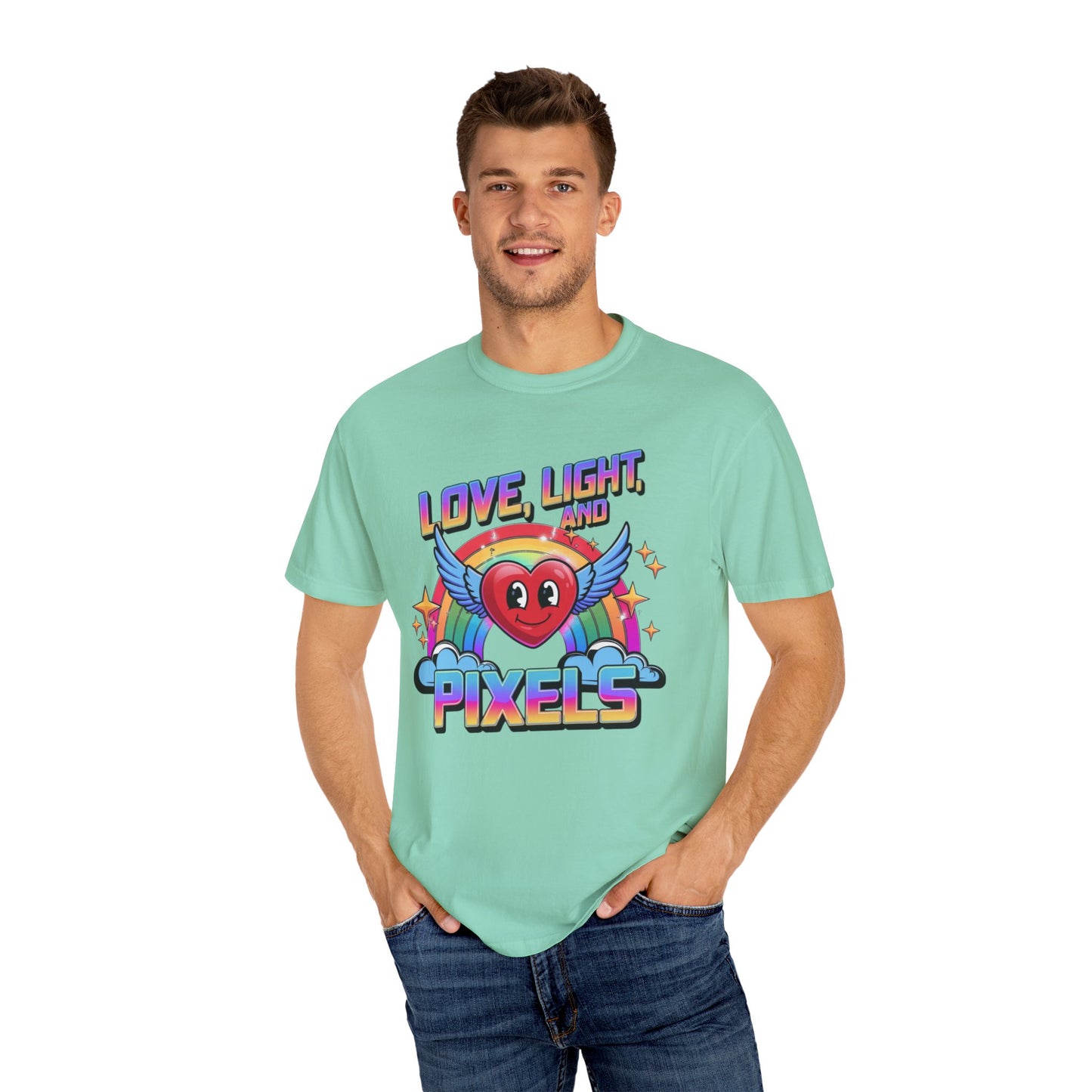 Love Light and Pixels T-Shirt, Retro Rainbow Heart Tee, Winged Heart Graphic Shirt, Positive Vibes Top, Cute Kawaii Nerd Shirt