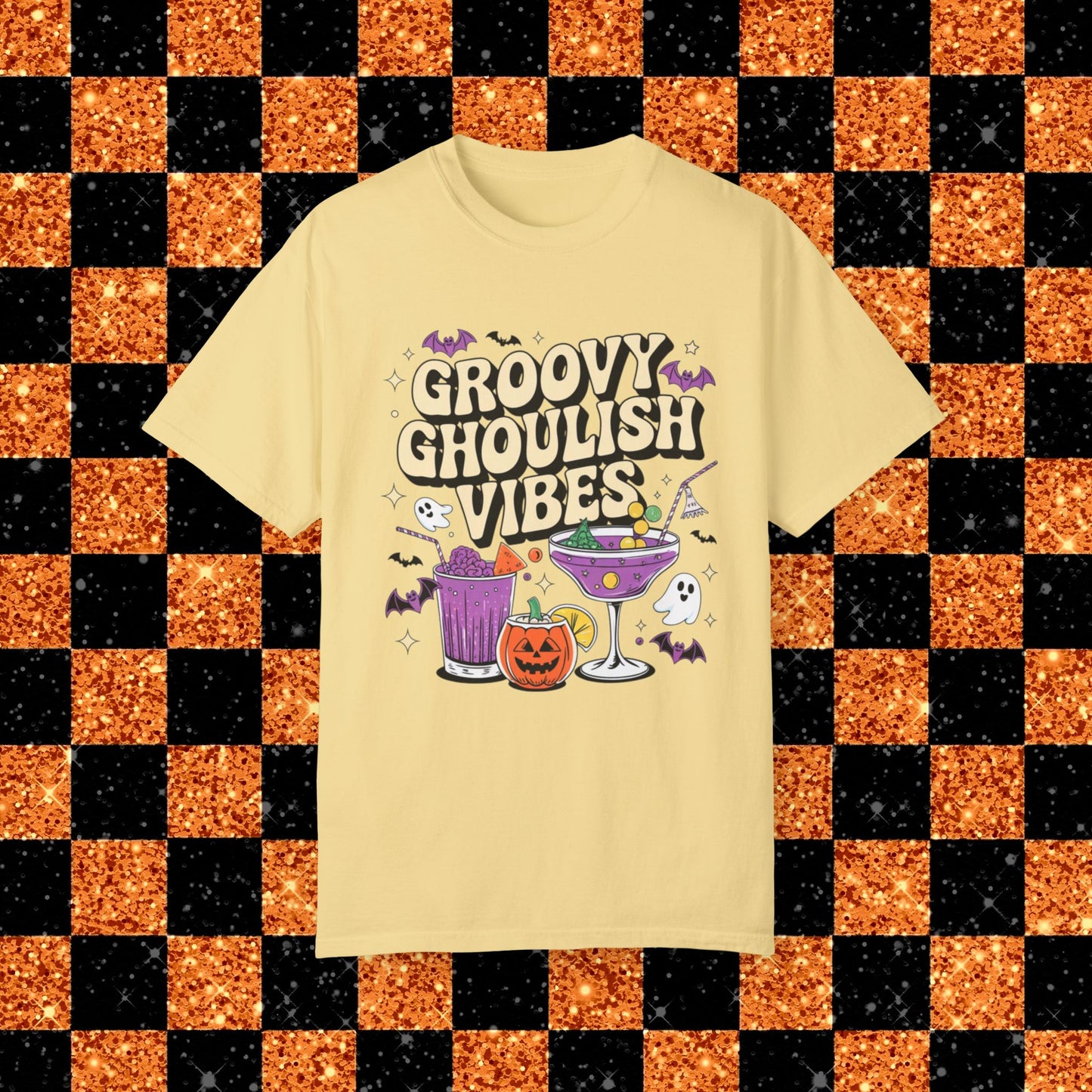 Groovy Ghoulish Vibes T-Shirt, Halloween Ghosts and Pumpkins Tee, Spooky Cocktail Party Shirt, Fun Halloween Graphic Tee