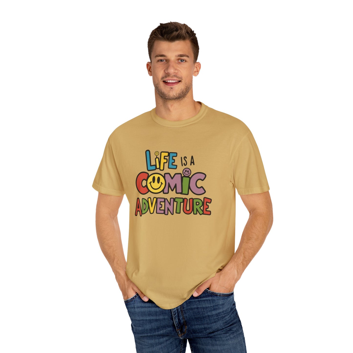 Life is a Comic Adventure T-Shirt, Fun Graphic Tee, Cute Smiley Face Shirt, Colorful Adventure T-Shirt, Positive Vibes T-Shirt