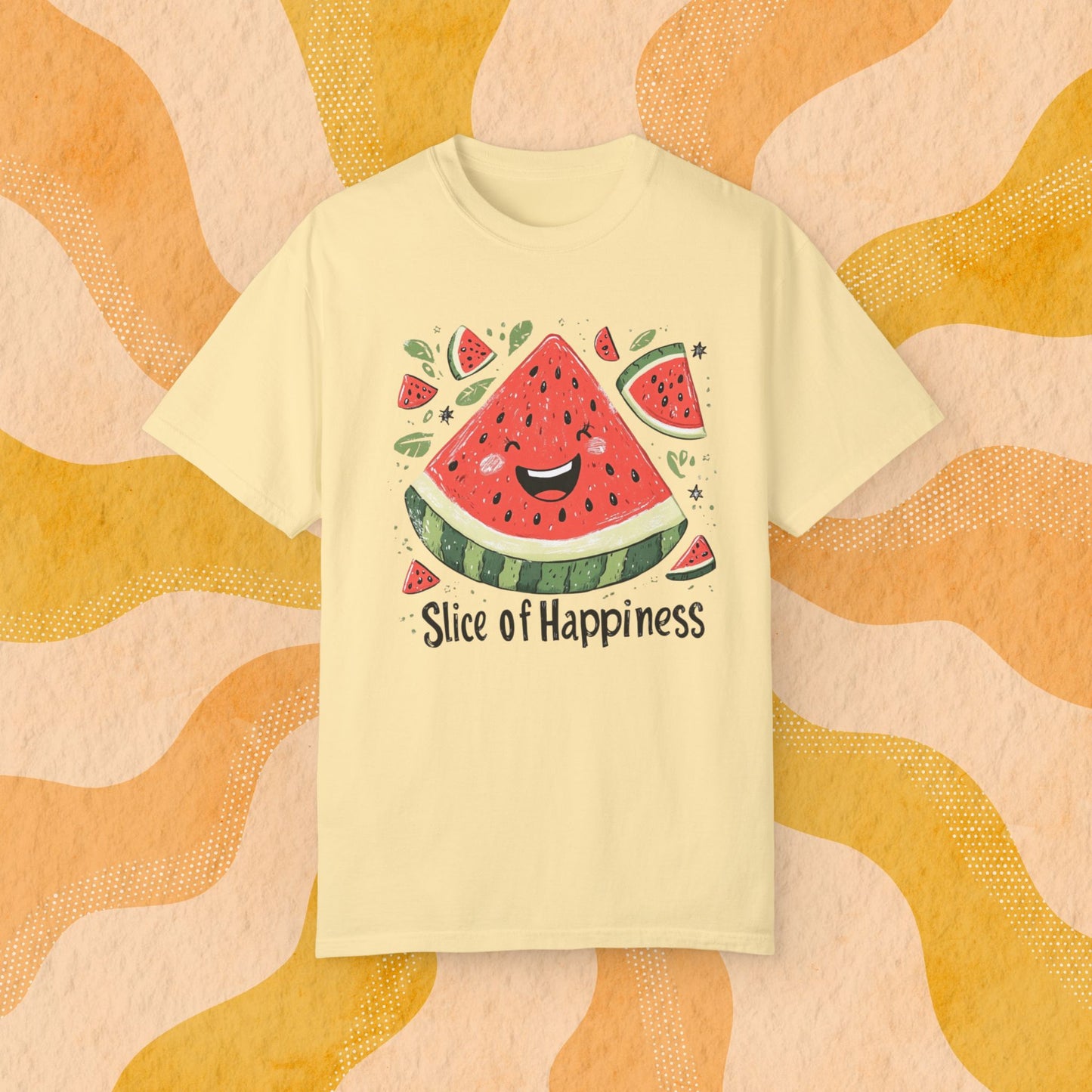 Cute Watermelon Slice of Happiness T-Shirt, Fun Fruit Graphic Tee, Happy Watermelon Smile Shirt Garment-Dyed T-shirt